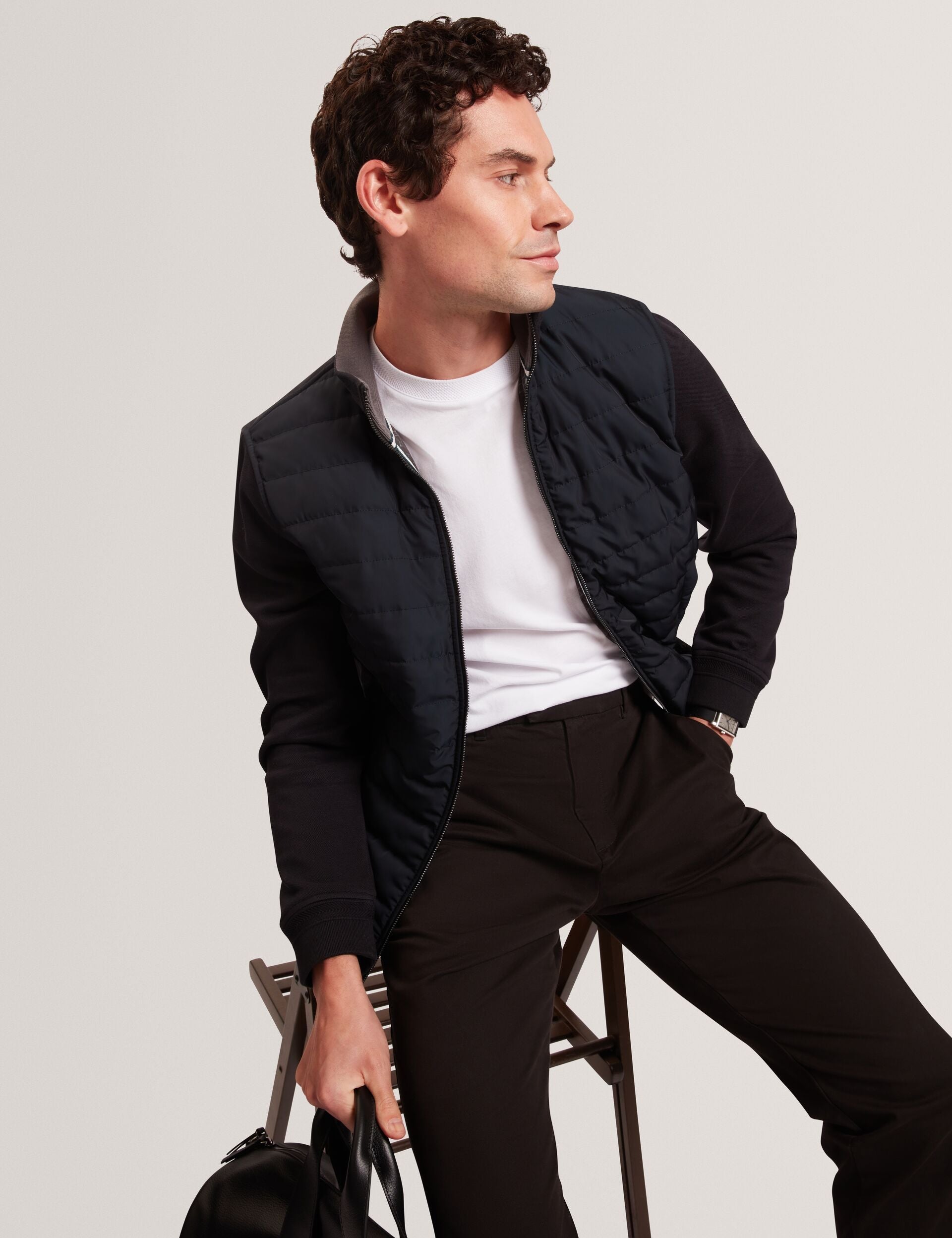 Ted Baker DURANO Quilted Front Zip-Through Knit Jacket BLACK