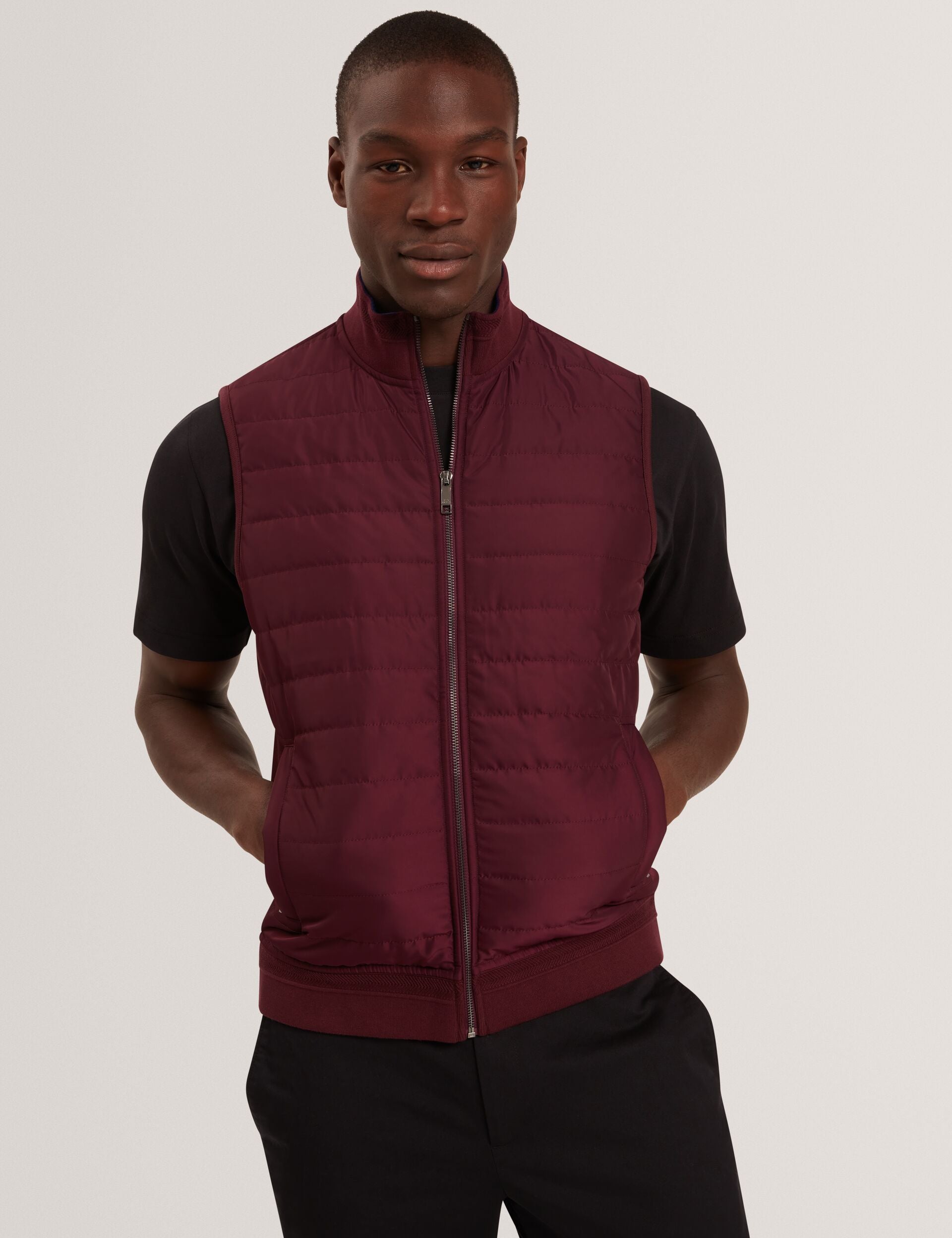 Ted Baker PAFAVOR Quilted Front Funnel Neck Zip-Up Gilet MAROON