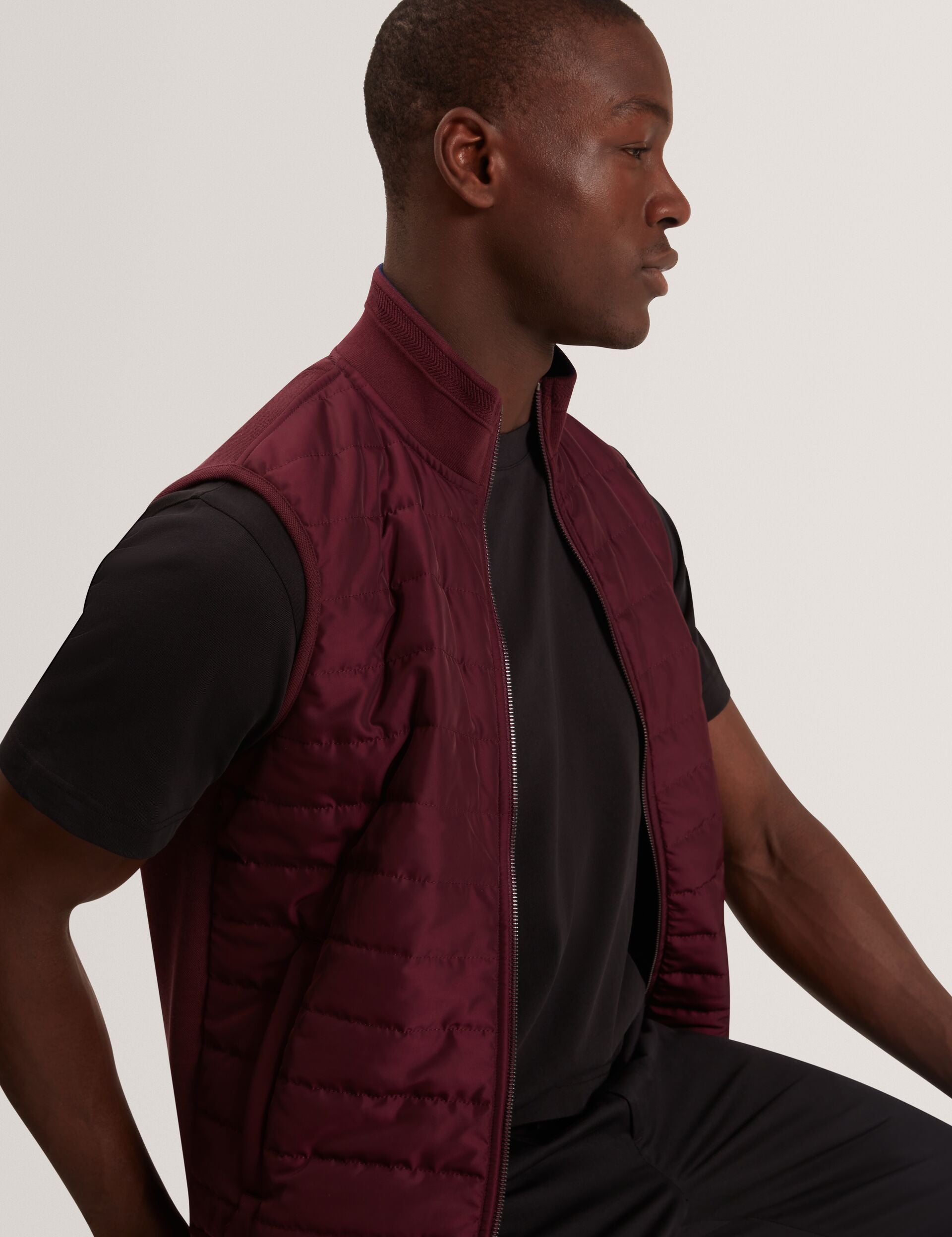 Ted Baker PAFAVOR Quilted Front Funnel Neck Zip-Up Gilet MAROON