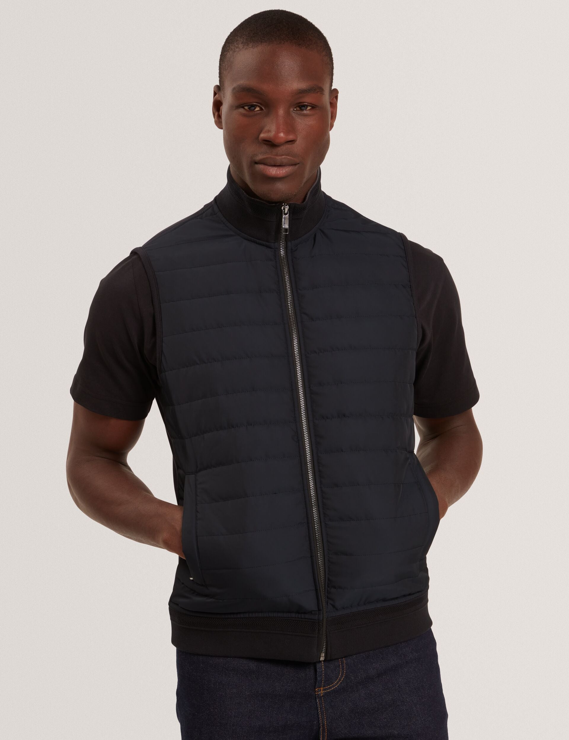 Ted Baker PAFAVOR Quilted Front Funnel Neck Zip-Up Gilet BLACK