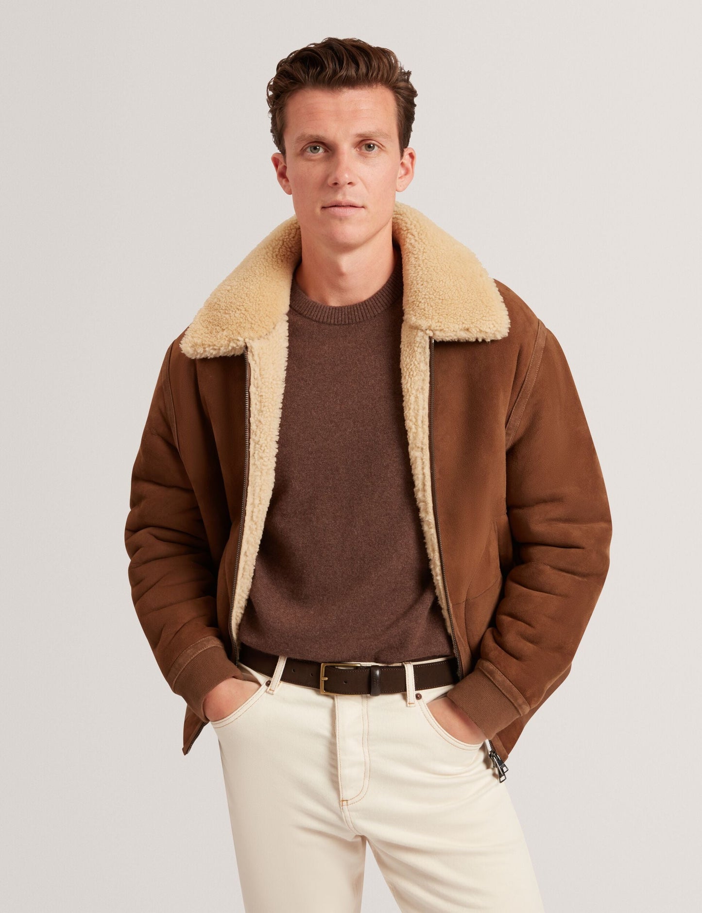 Ted Baker WALD Shearling Leather Aviator Jacket TAN
