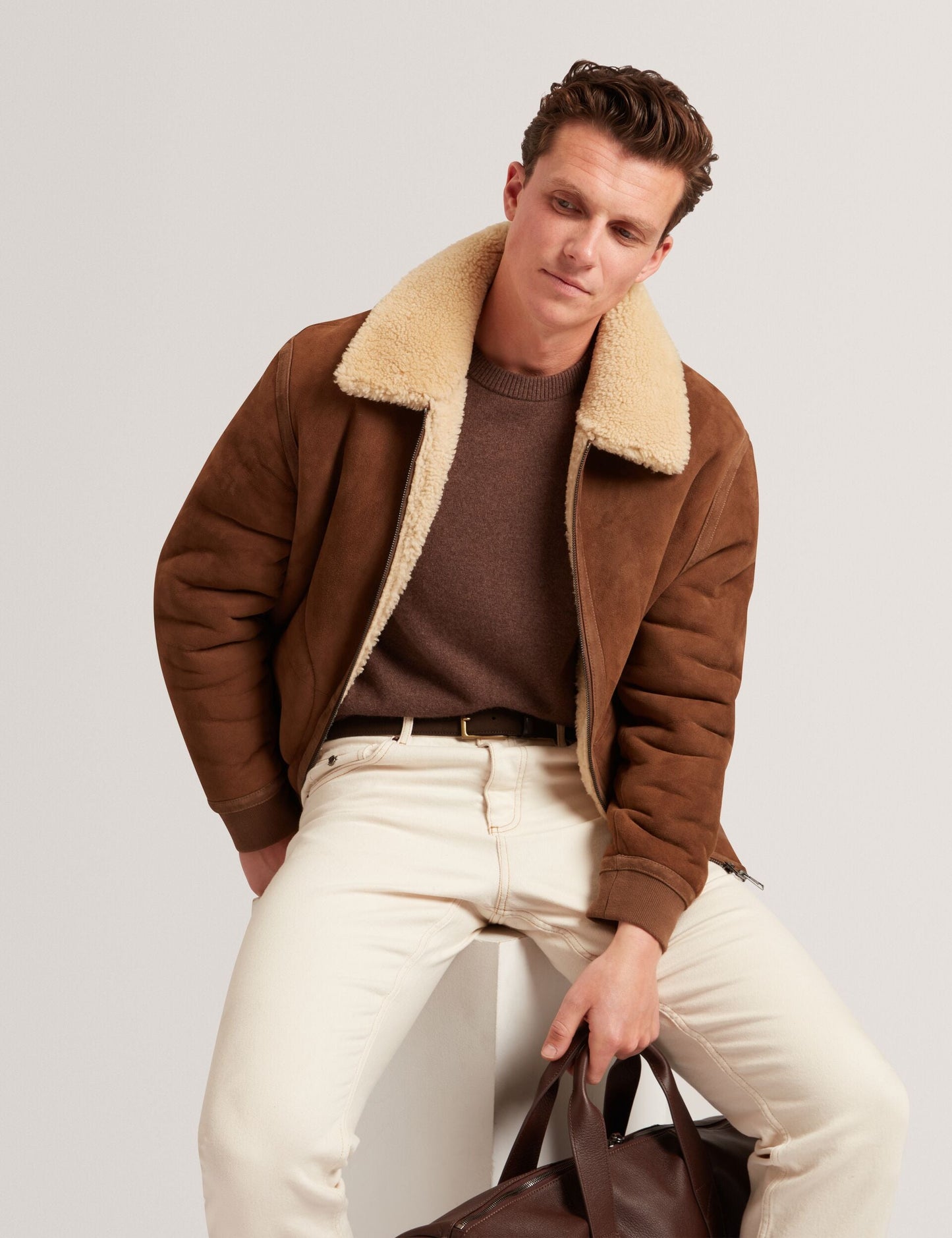 Ted Baker WALD Shearling Leather Aviator Jacket TAN