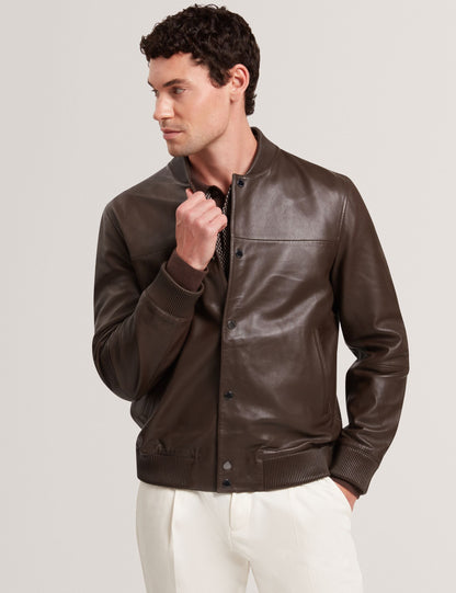 Ted Baker LEEAMS Leather Classic Bomber Jacket DARK BROWN