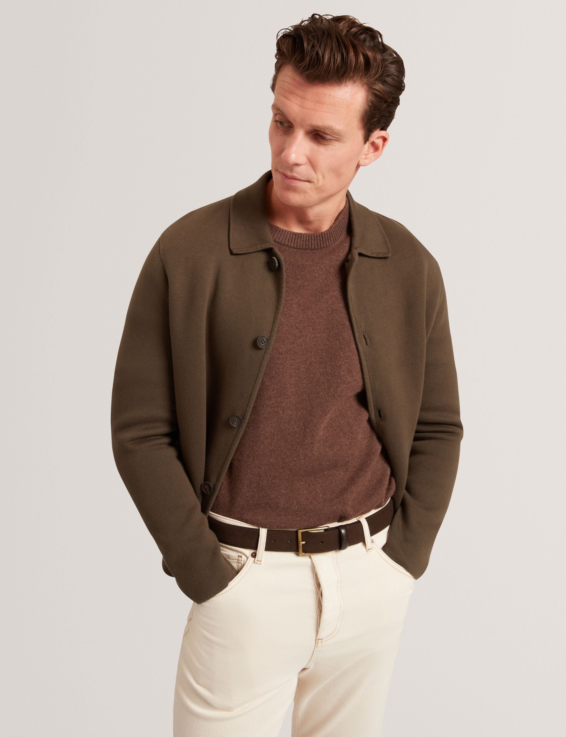 Ted Baker FREDER Knitted Cotton Blend Cardigan Jacket KHAKI