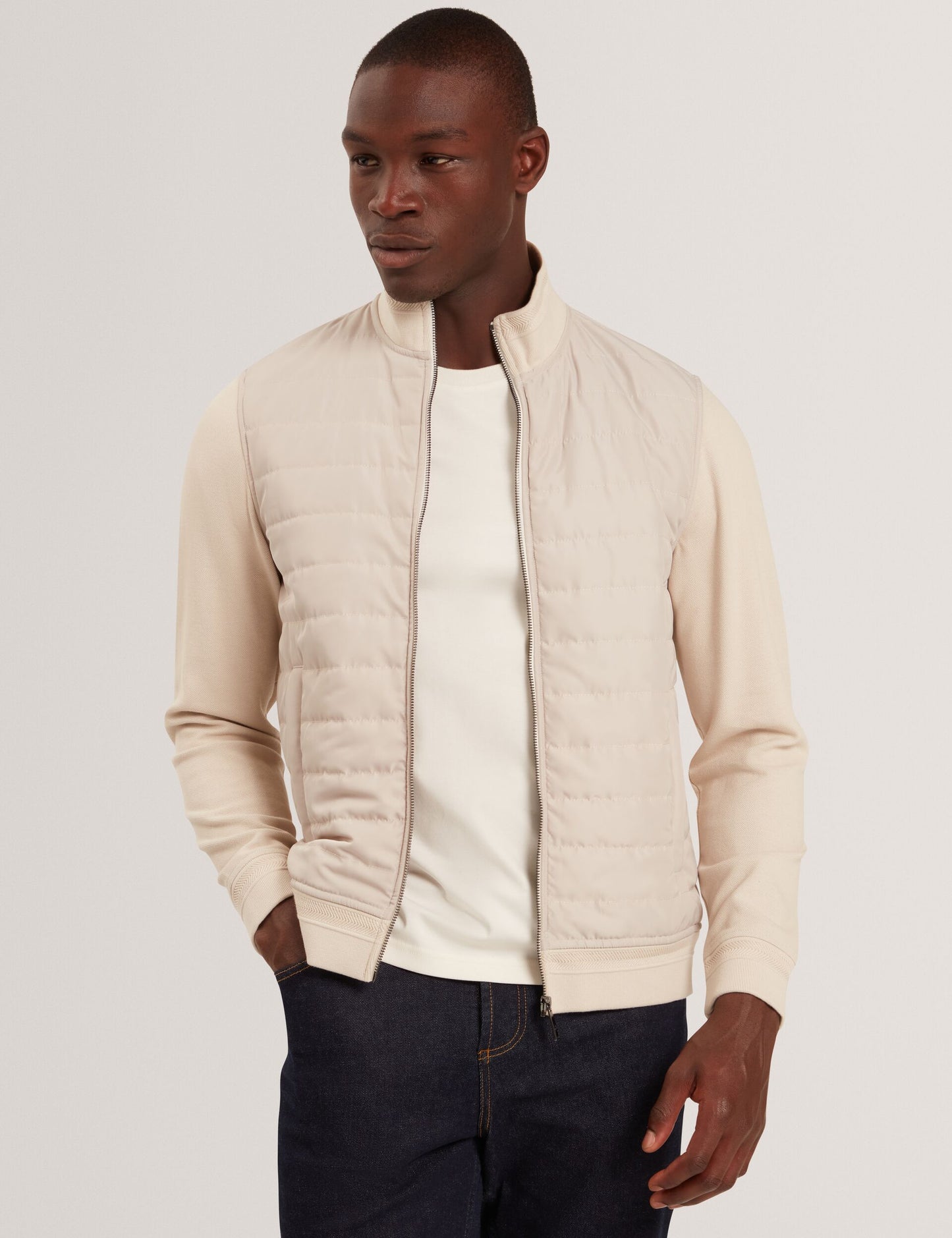 Ted Baker DURANO Quilted Front Zip-Through Knit Jacket ECRU