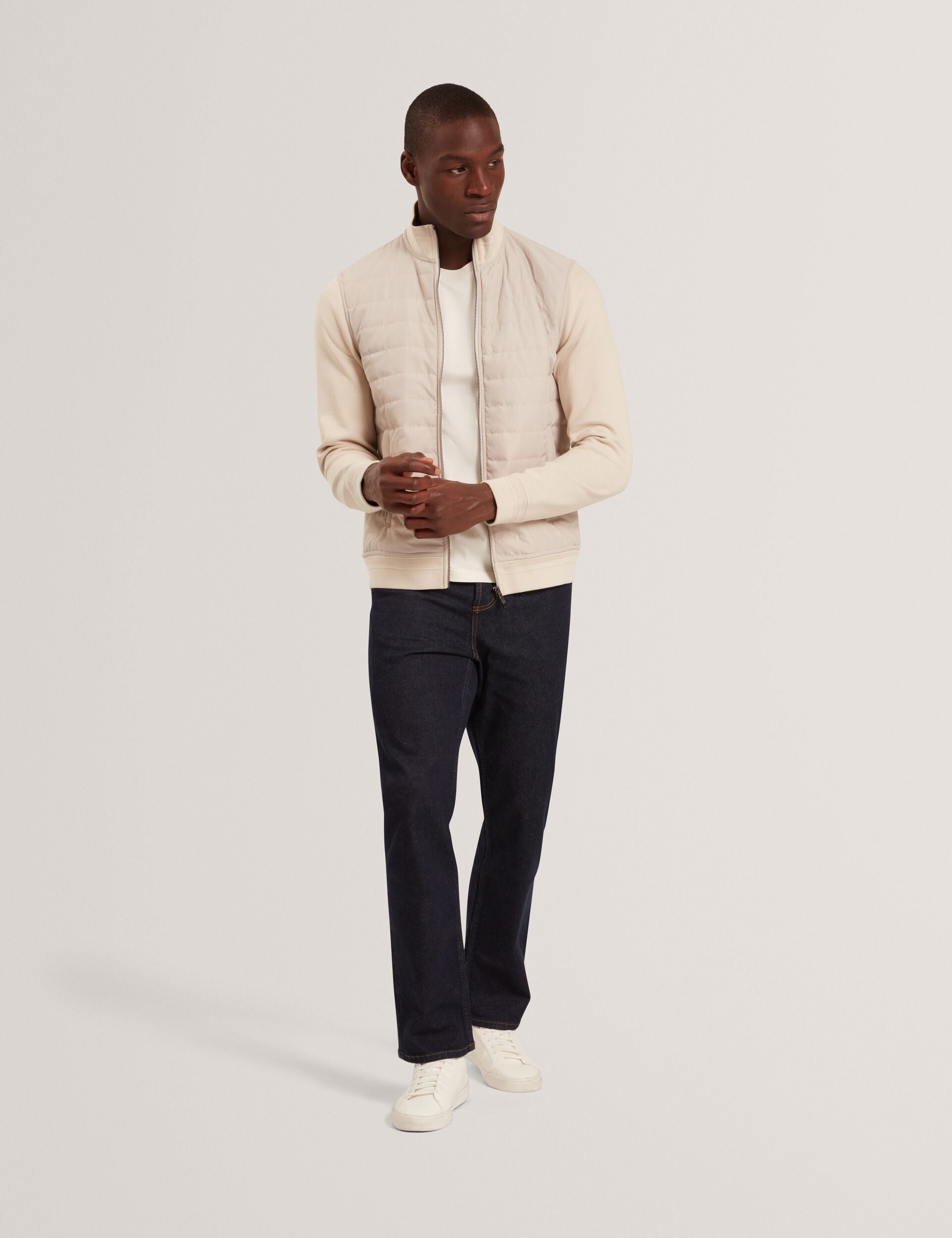 Ted Baker DURANO Quilted Front Zip-Through Knit Jacket ECRU