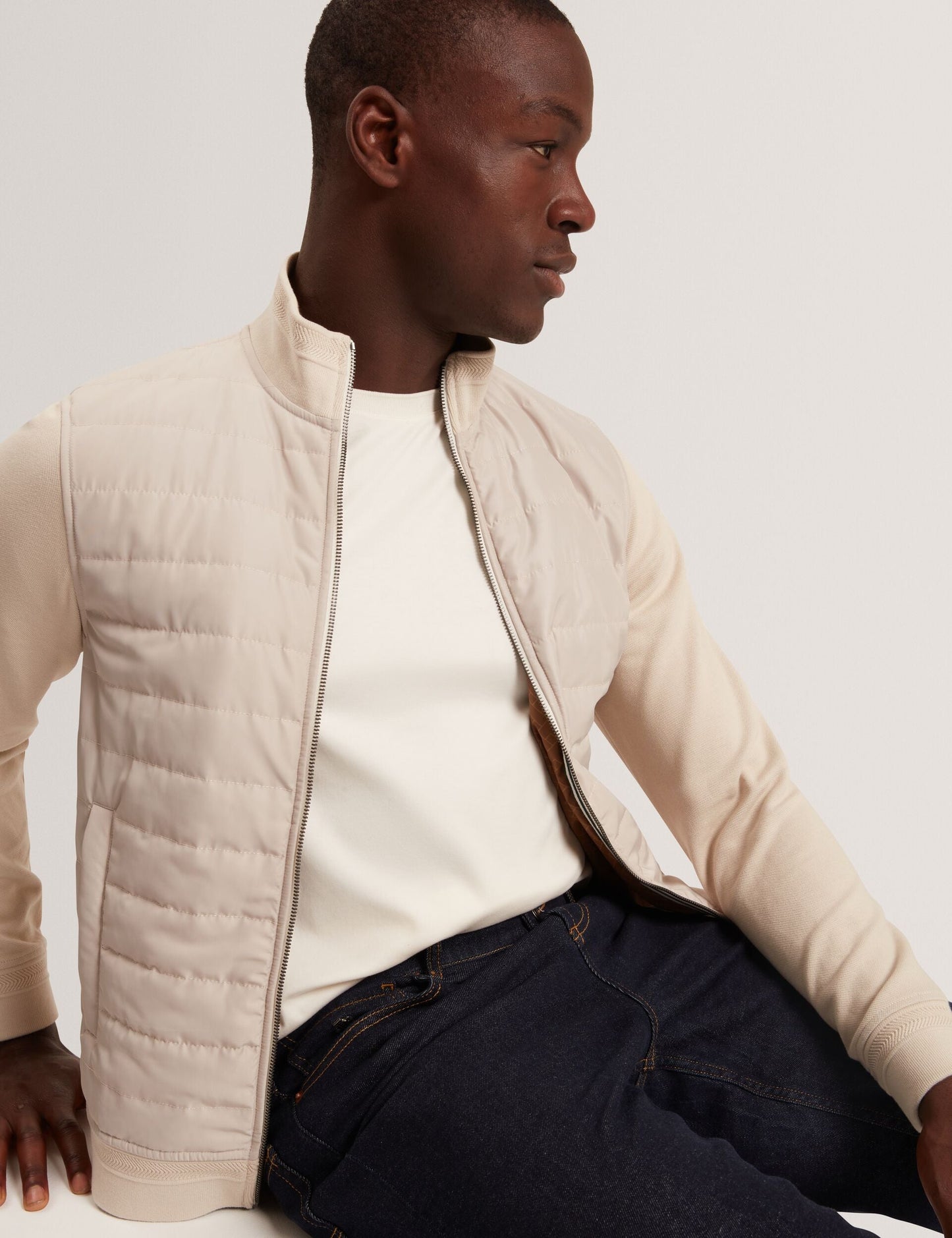 Ted Baker DURANO Quilted Front Zip-Through Knit Jacket ECRU