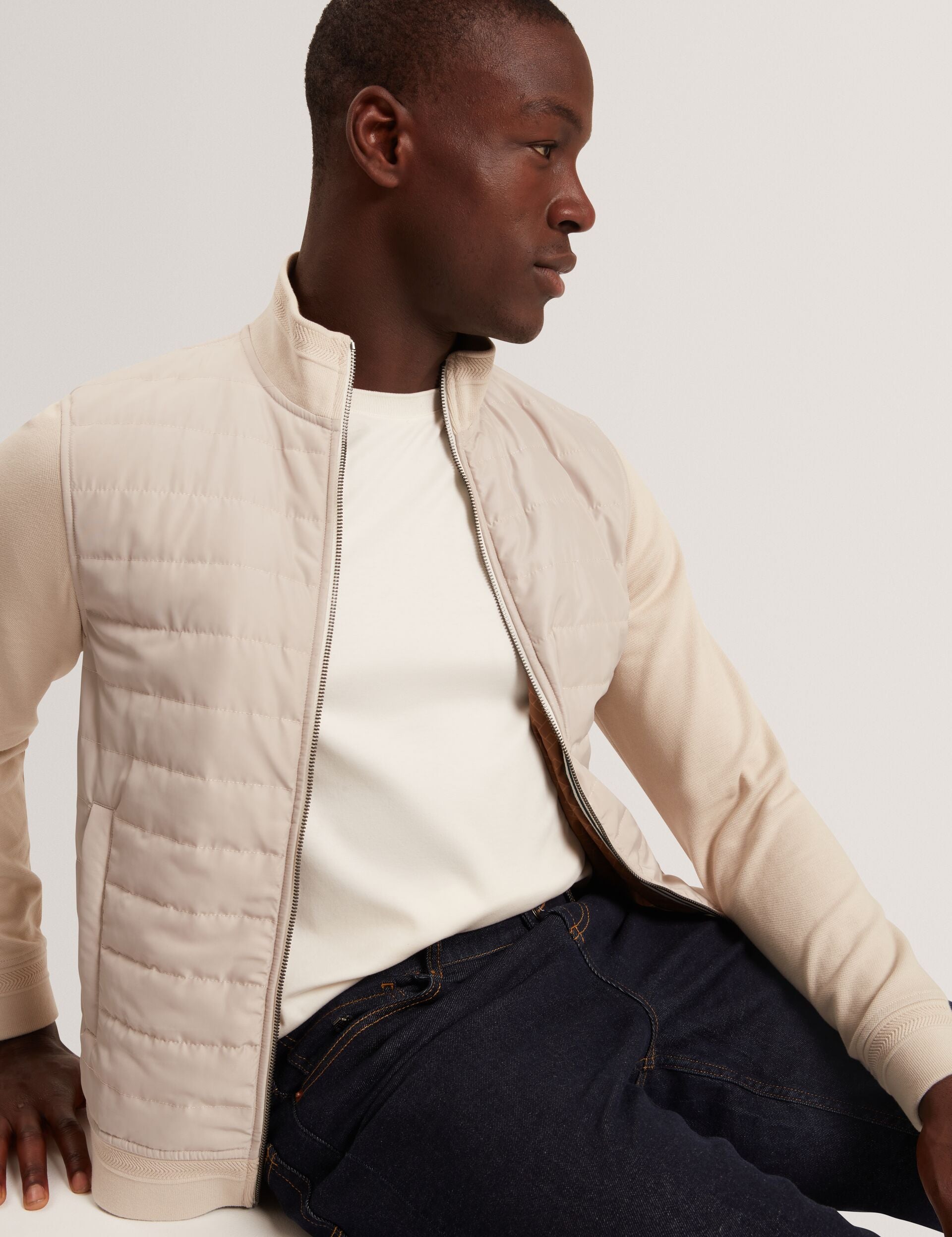 Ted Baker DURANO Quilted Front Zip-Through Knit Jacket ECRU
