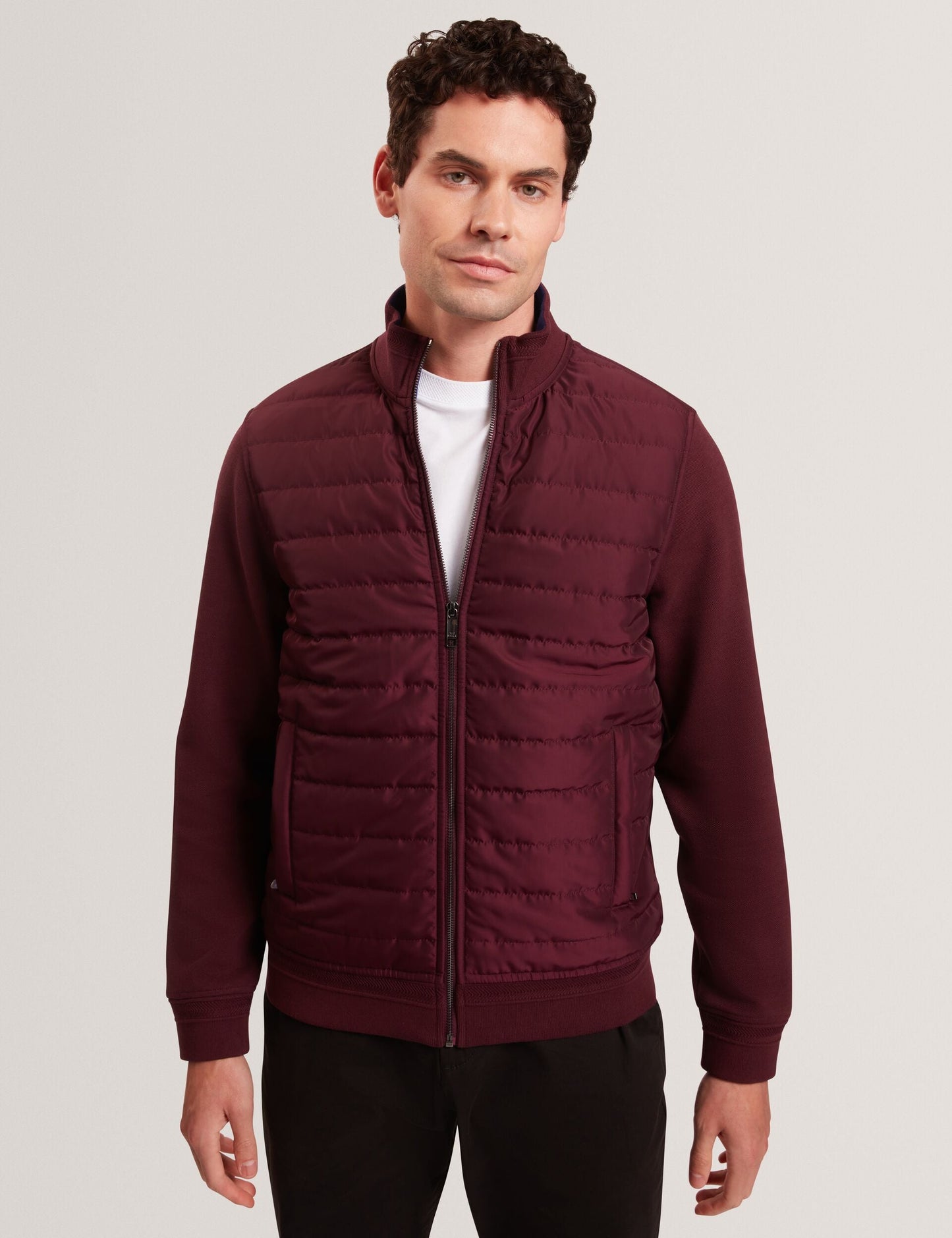 Ted Baker DURANO Quilted Front Zip-Through Knit Jacket MAROON