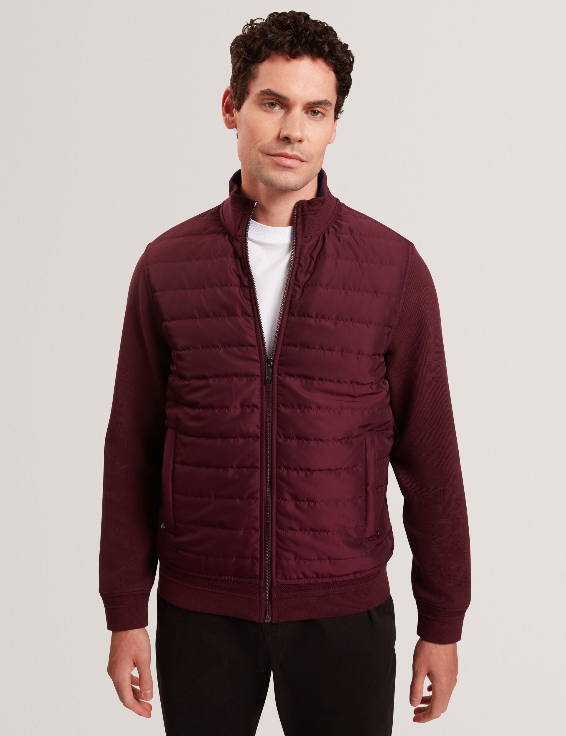 Ted Baker DURANO Quilted Front Zip-Through Knit Jacket MAROON