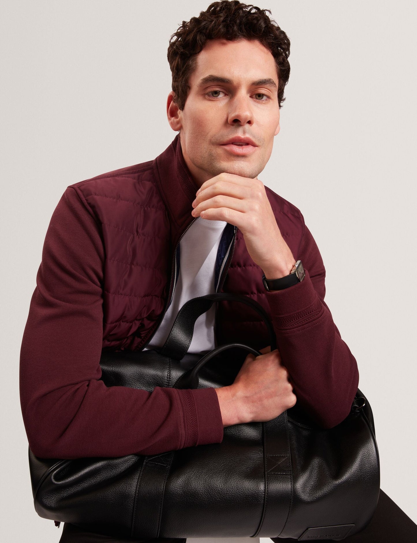 Ted Baker DURANO Quilted Front Zip-Through Knit Jacket MAROON