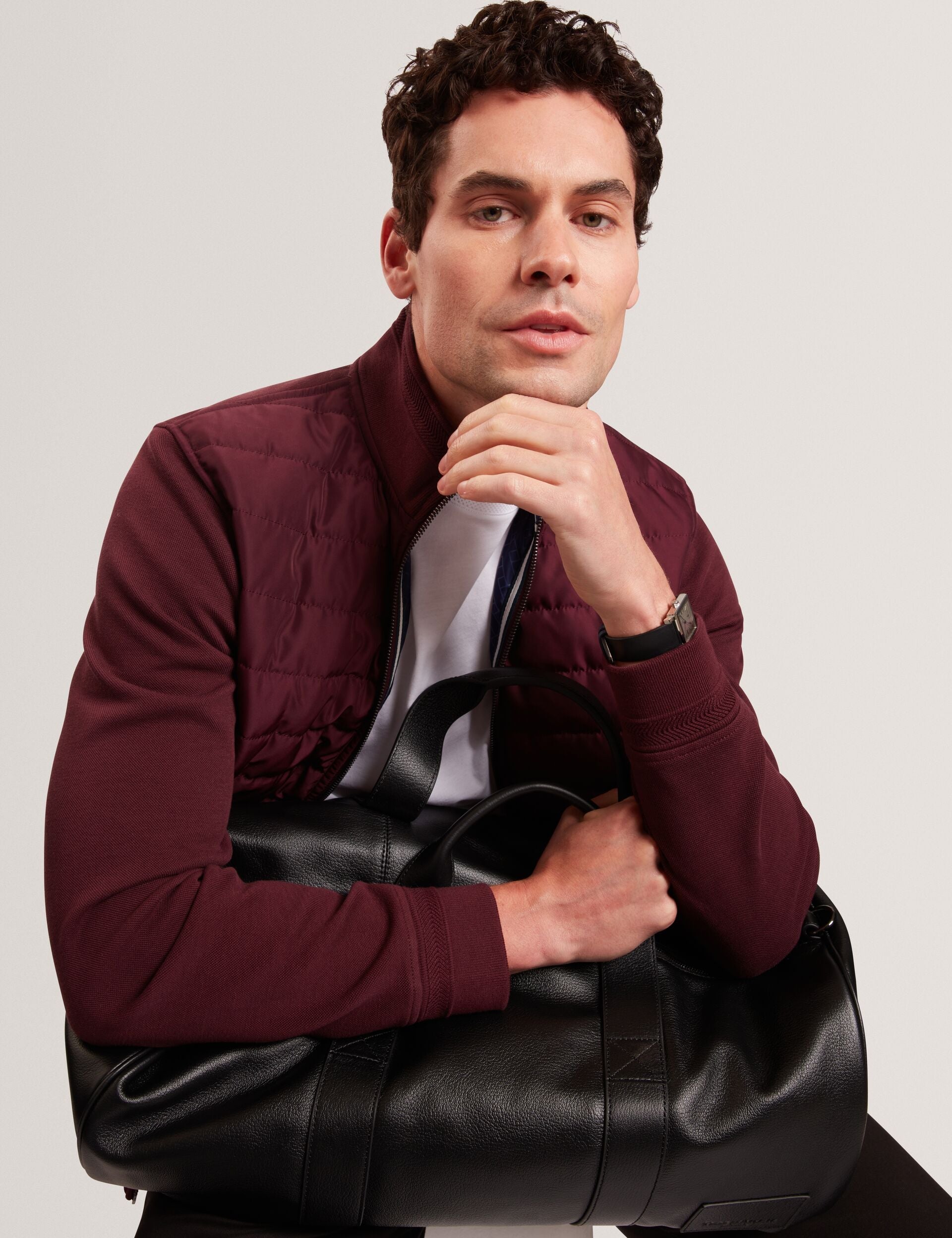 Ted Baker DURANO Quilted Front Zip-Through Knit Jacket MAROON