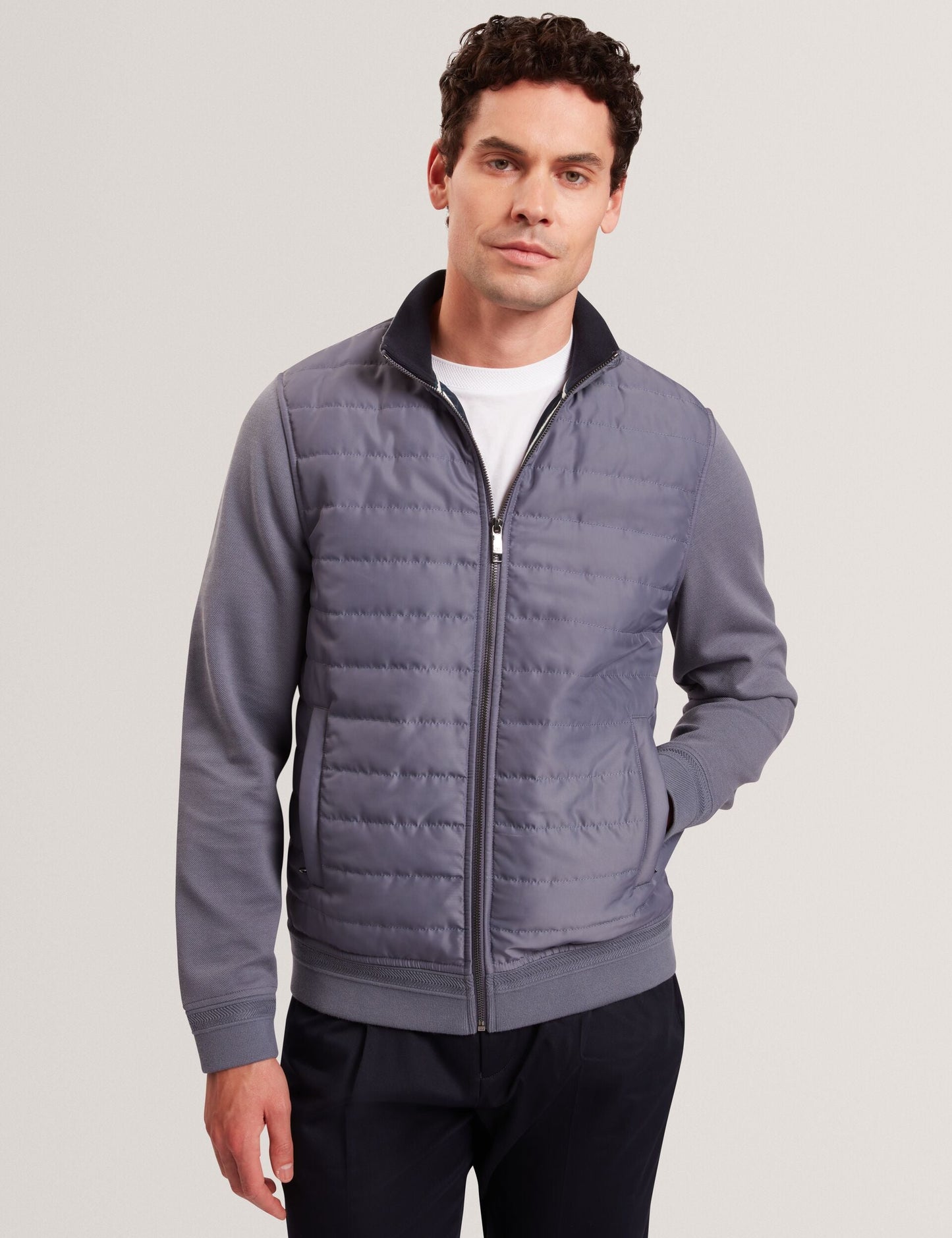 Ted Baker DURANO Quilted Front Zip-Through Knit Jacket MID BLUE