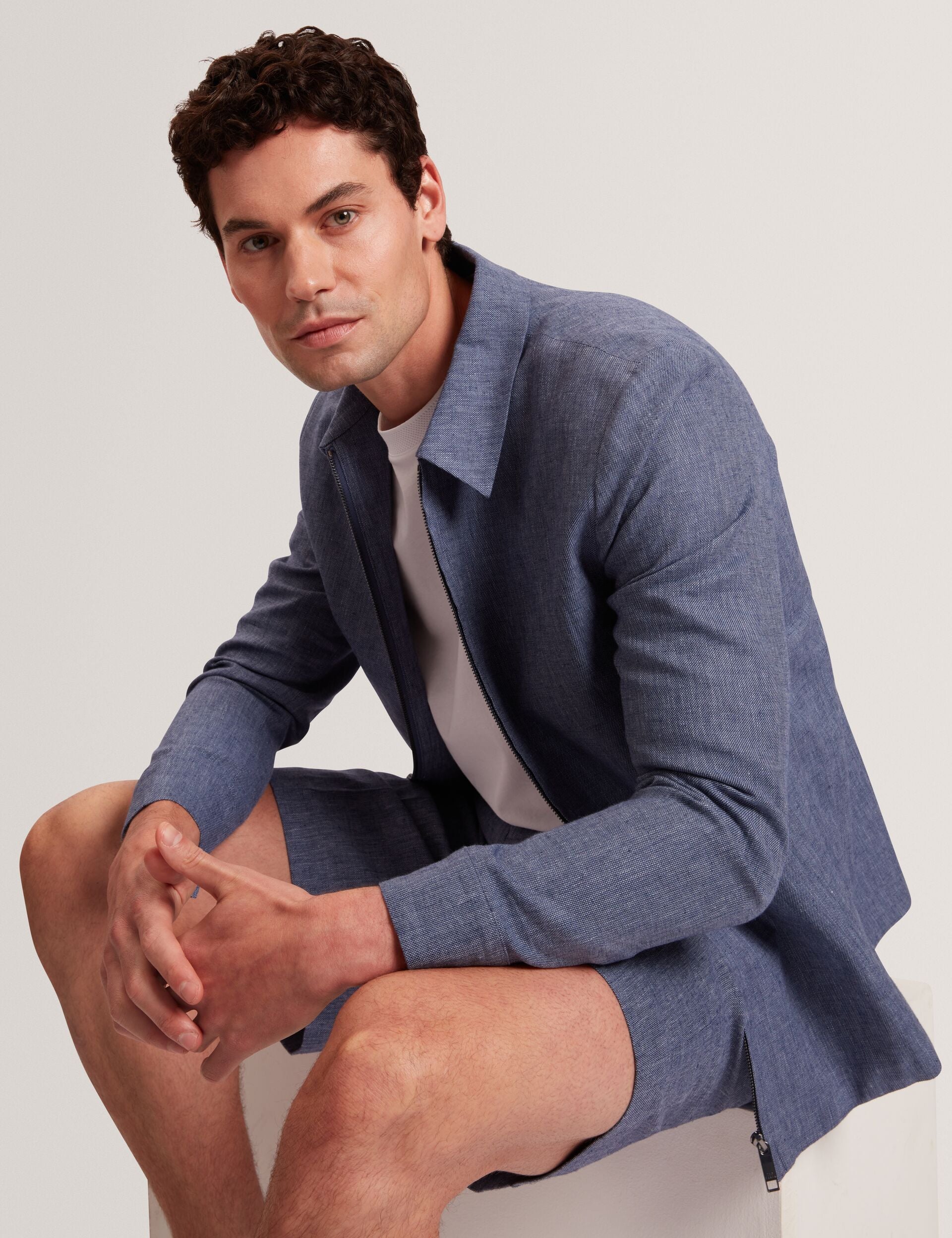 Ted Baker ASHLEYJ Linen Cotton Zip-Up Harrington Jacket NAVY