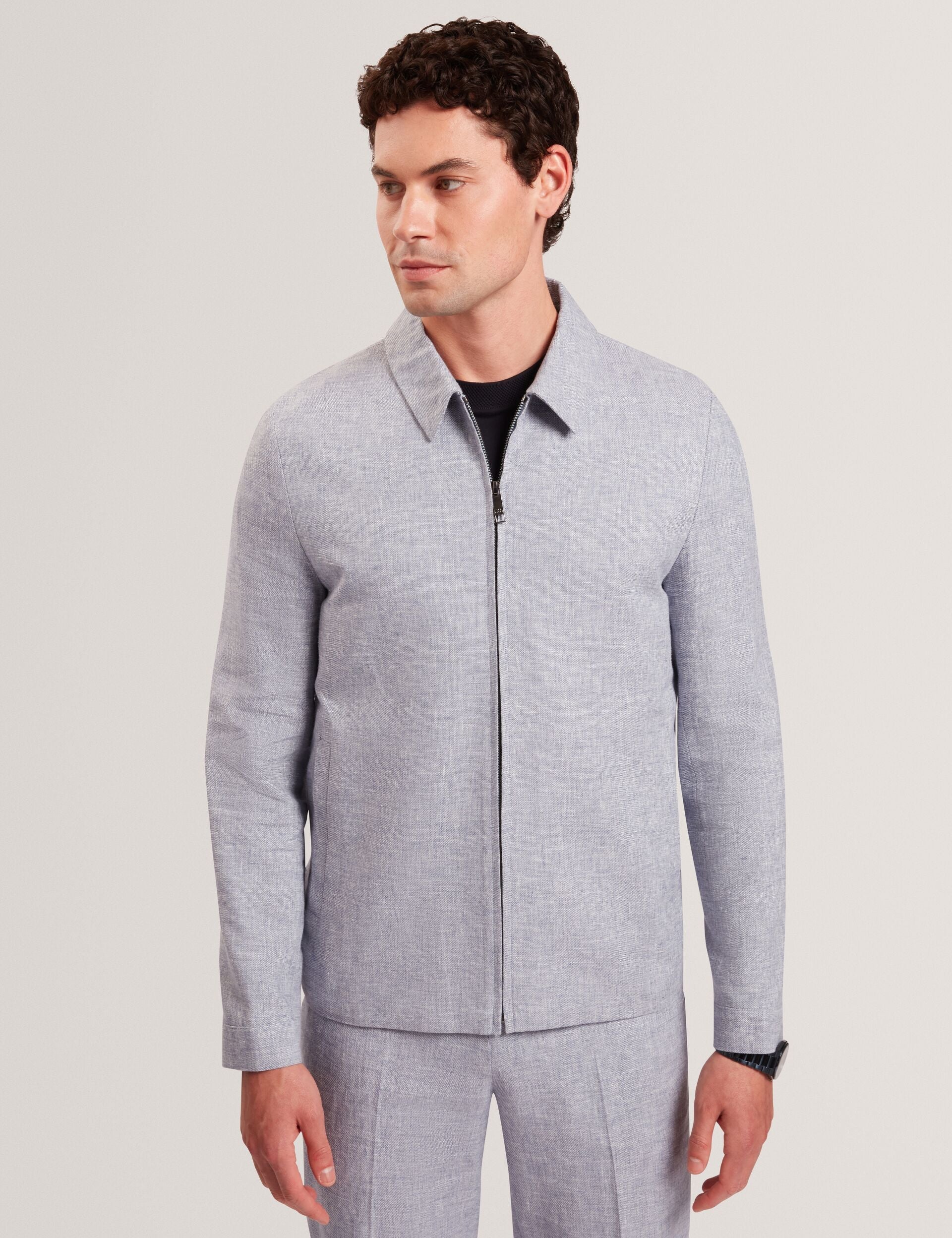 Ted Baker ASHLEYJ Linen Cotton Zip-Up Harrington Jacket LIGHT BLUE