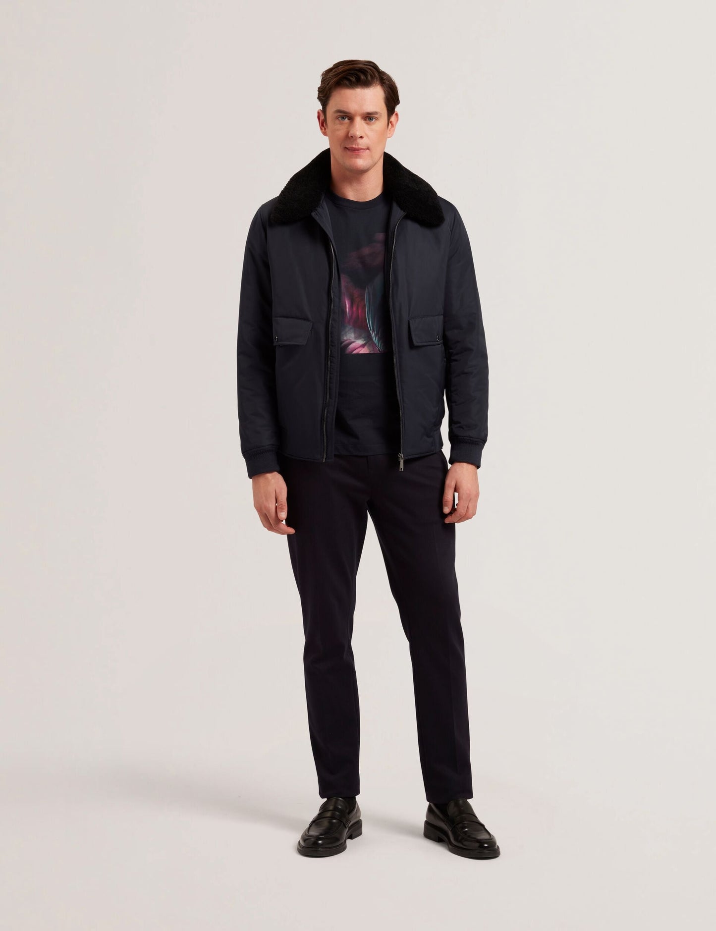 Ted Baker AVITORE - Zip Bomber Jacket With Removable Collar NAVY