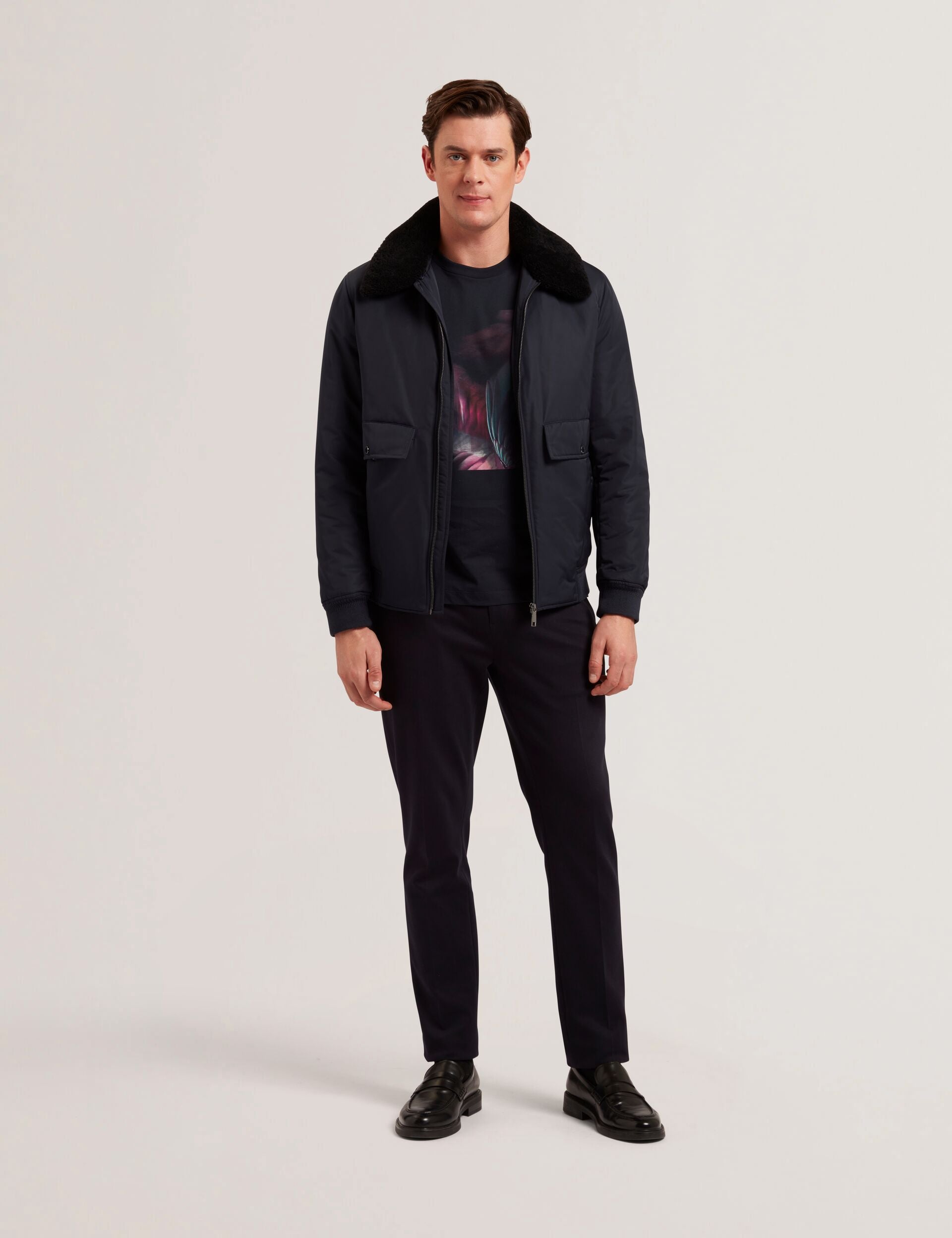 Ted Baker AVITORE - Zip Bomber Jacket With Removable Collar NAVY