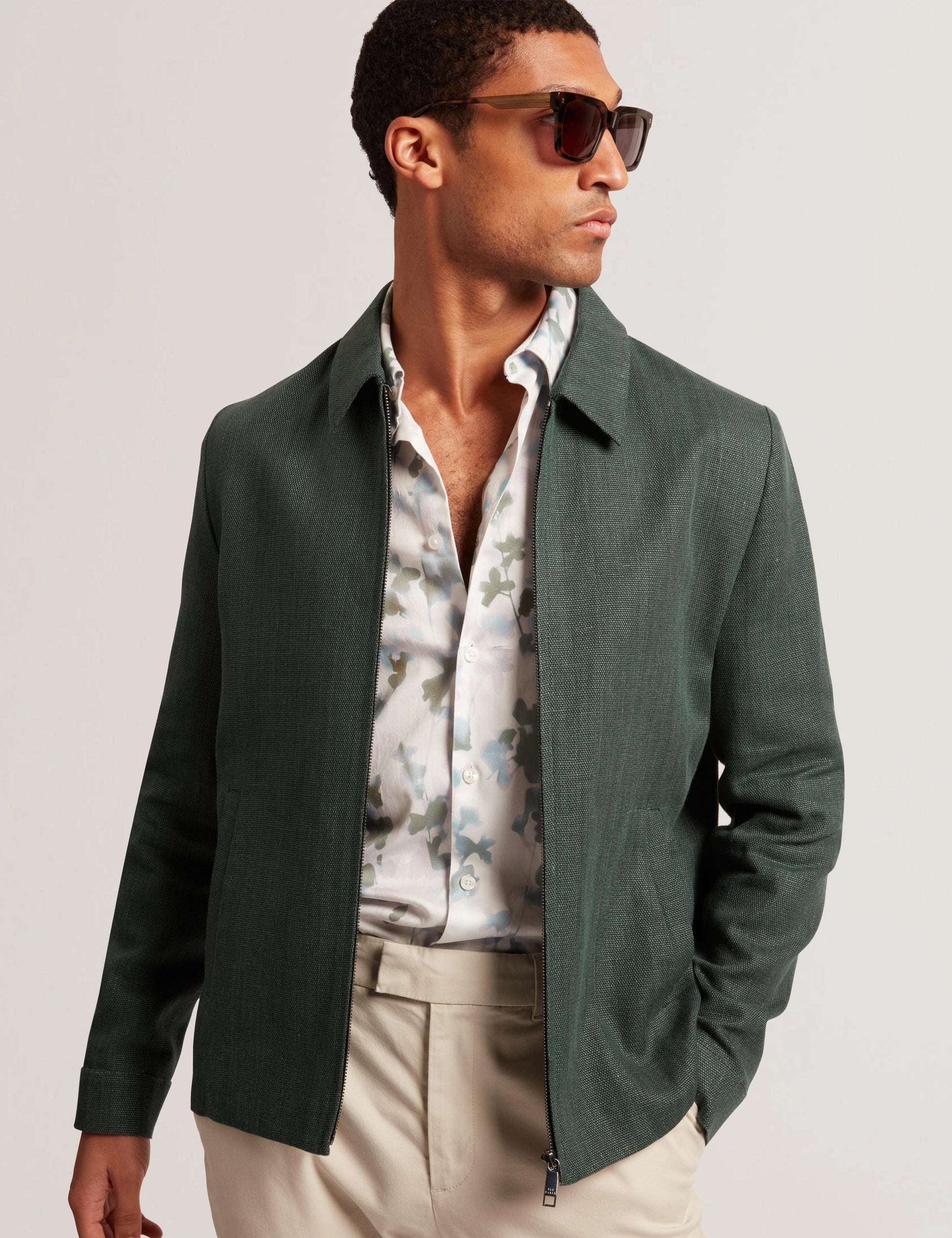 Ted Baker KUMARH - Linen Blend Zip Up Harrington Jacket DARK GREEN