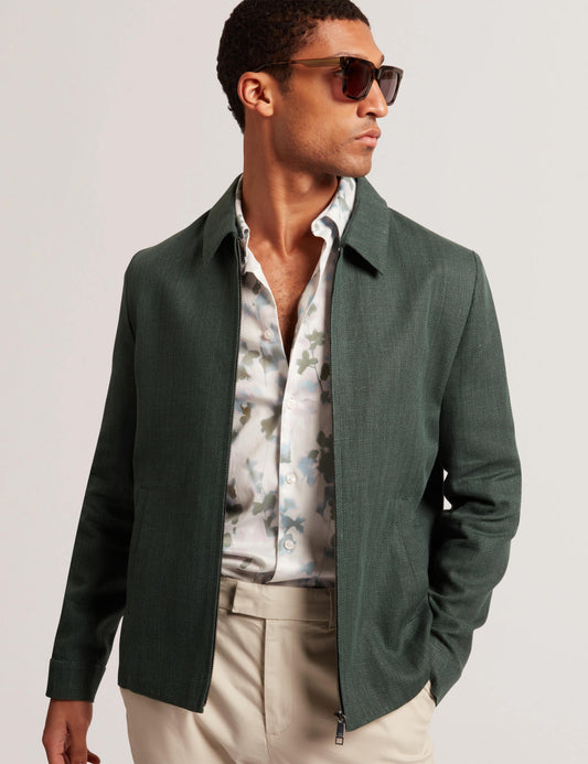 Ted Baker KUMARH - Linen Blend Zip Up Harrington Jacket DARK GREEN