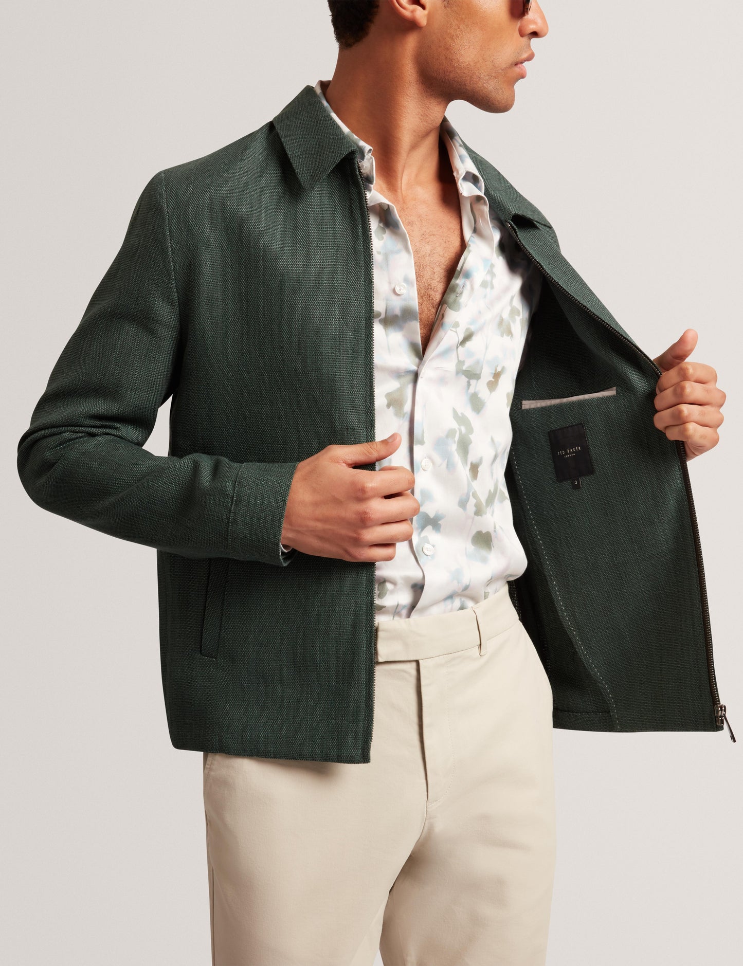 Ted Baker KUMARH - Linen Blend Zip Up Harrington Jacket DARK GREEN