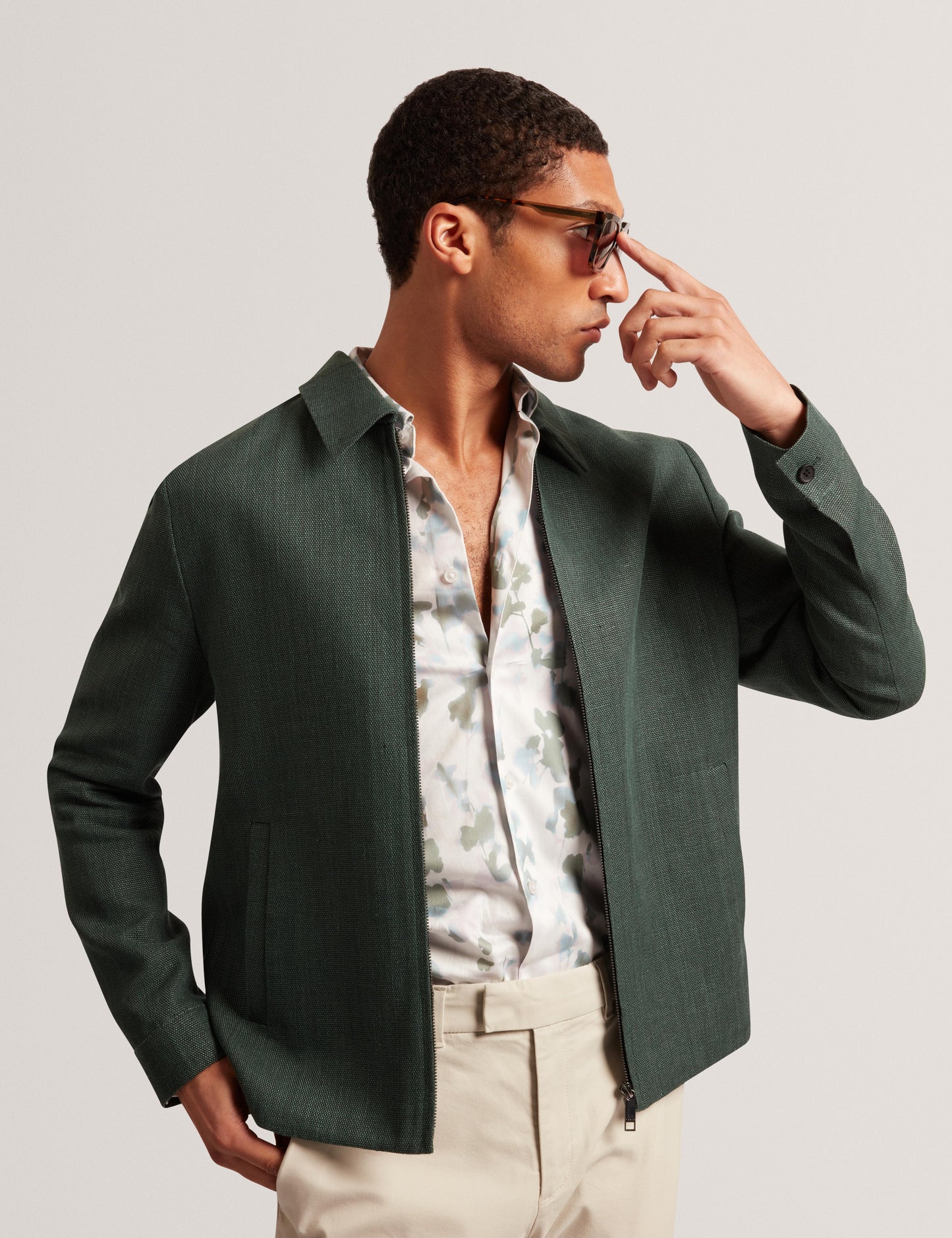 Ted Baker KUMARH - Linen Blend Zip Up Harrington Jacket DARK GREEN