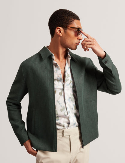 Ted Baker KUMARH - Linen Blend Zip Up Harrington Jacket DARK GREEN