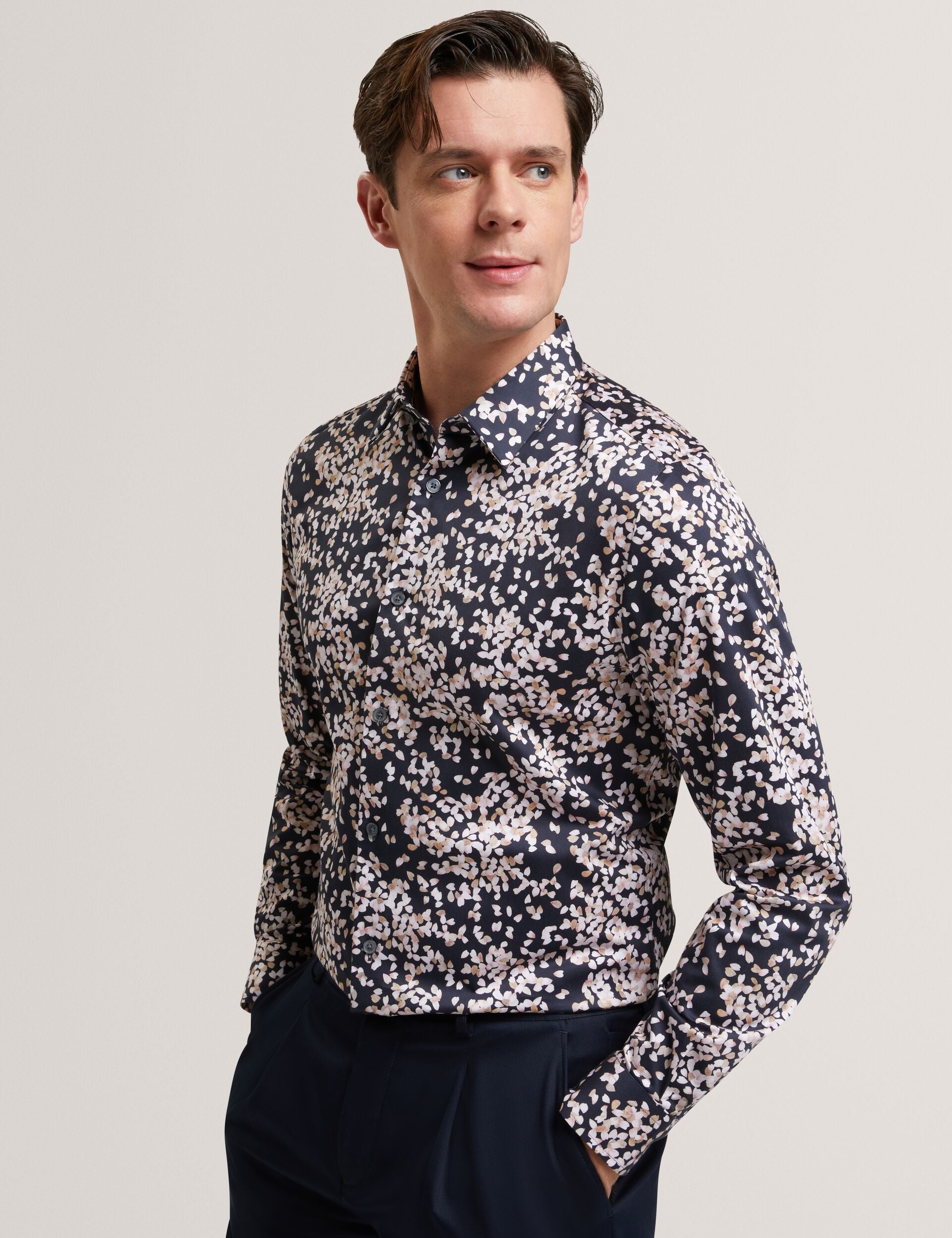 Ted Baker JACIEL Scattered Petal Slim Long Sleeve Shirt NAVY