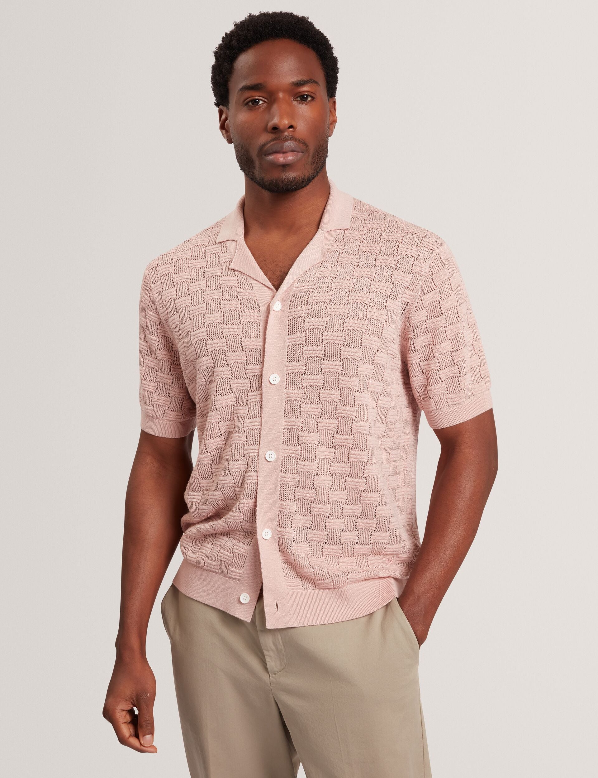 Ted Baker ROWWANN Basket Knit Silk Blend Short Sleeve Shirt DUSKY PINK