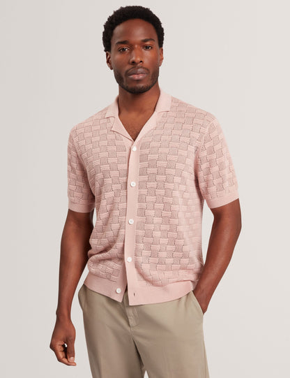 Ted Baker ROWWANN Basket Knit Silk Blend Short Sleeve Shirt DUSKY PINK
