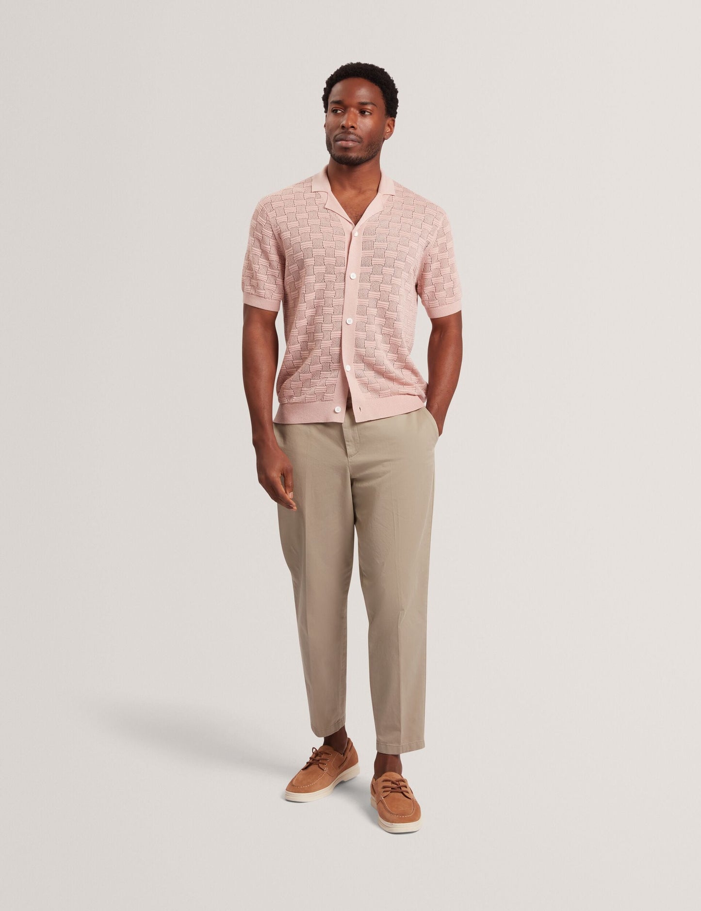 Ted Baker ROWWANN Basket Knit Silk Blend Short Sleeve Shirt DUSKY PINK