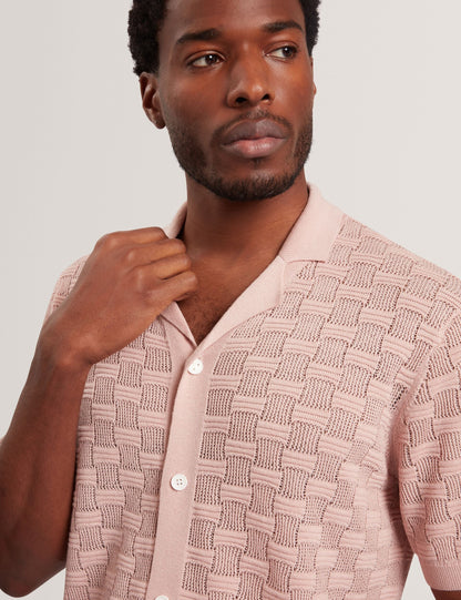 Ted Baker ROWWANN Basket Knit Silk Blend Short Sleeve Shirt DUSKY PINK