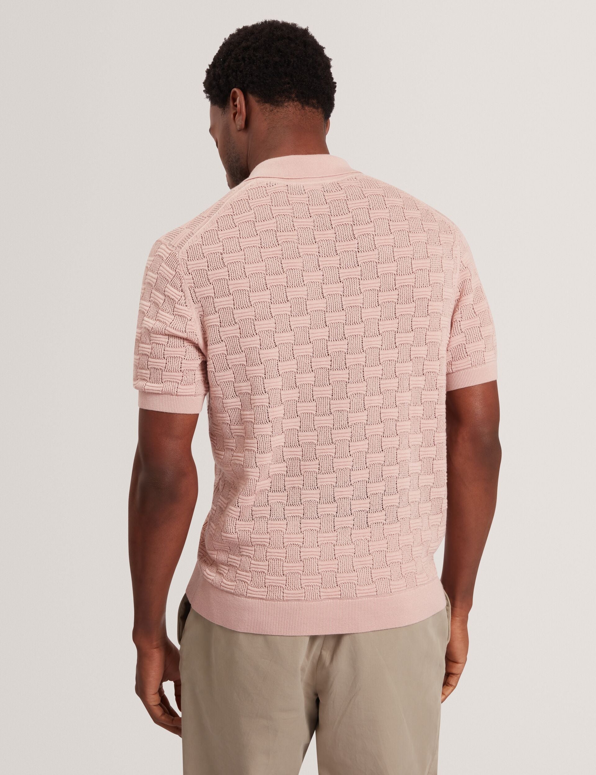 Ted Baker ROWWANN Basket Knit Silk Blend Short Sleeve Shirt DUSKY PINK