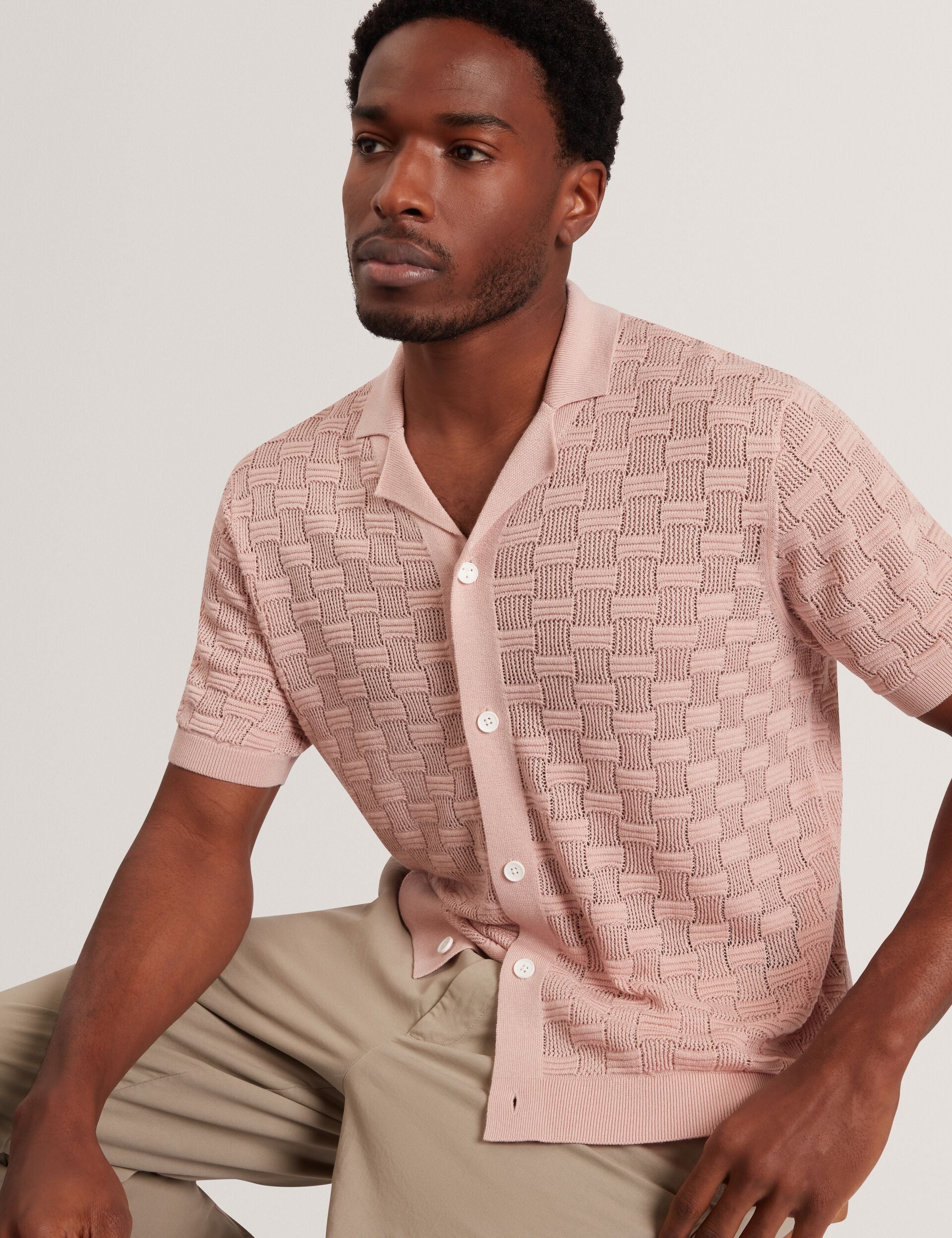 Ted Baker ROWWANN Basket Knit Silk Blend Short Sleeve Shirt DUSKY PINK