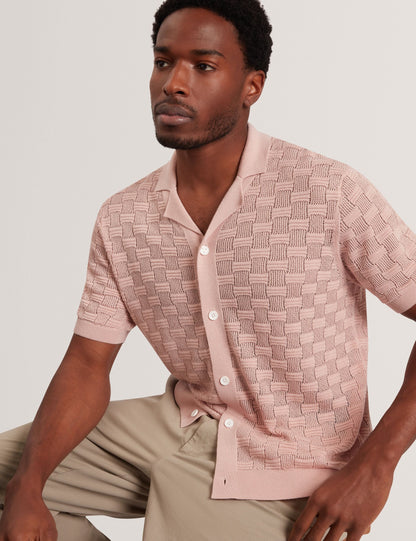 Ted Baker ROWWANN Basket Knit Silk Blend Short Sleeve Shirt DUSKY PINK