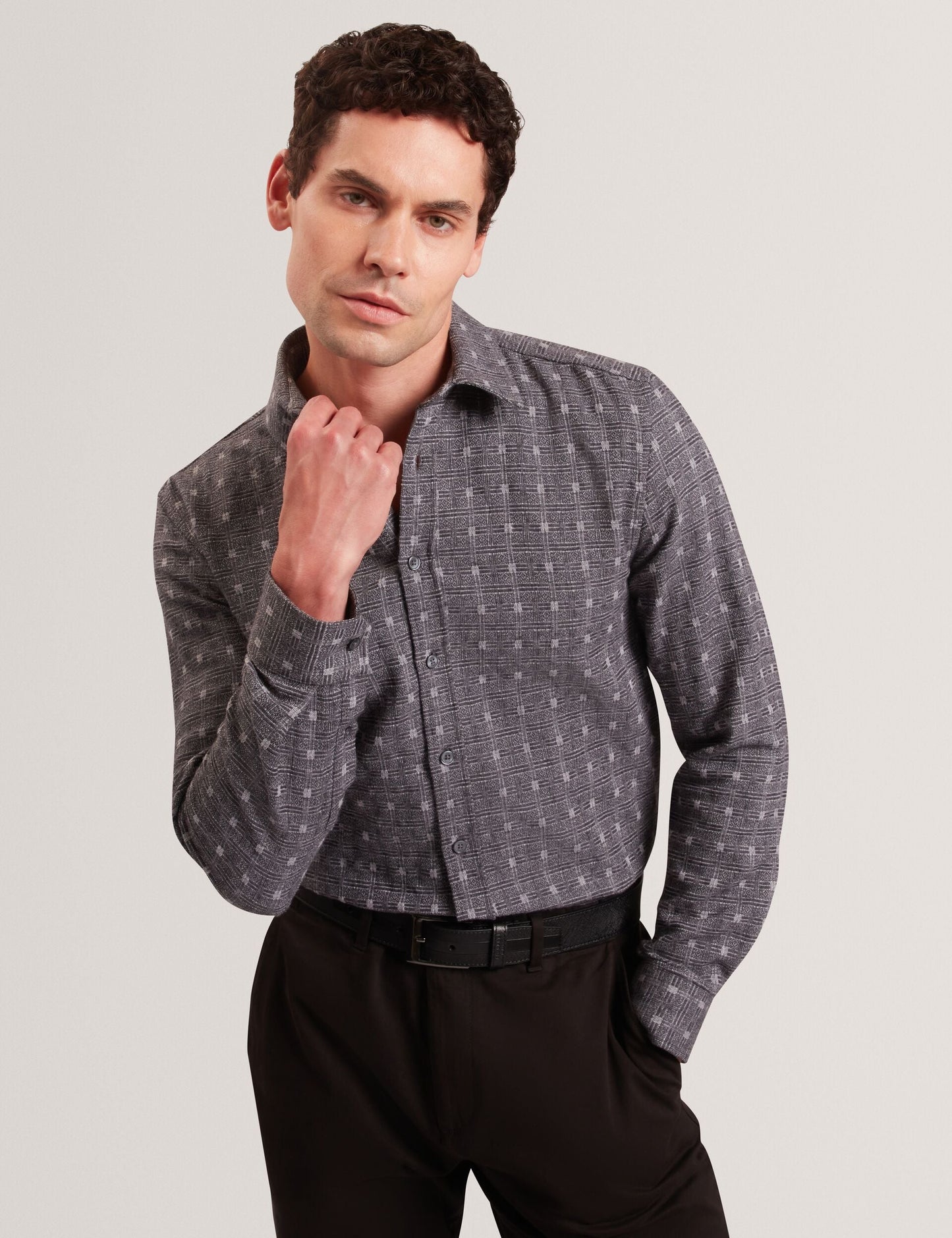 Ted Baker VYSER Jacquard Check Woven Long Sleeve Shirt GREY