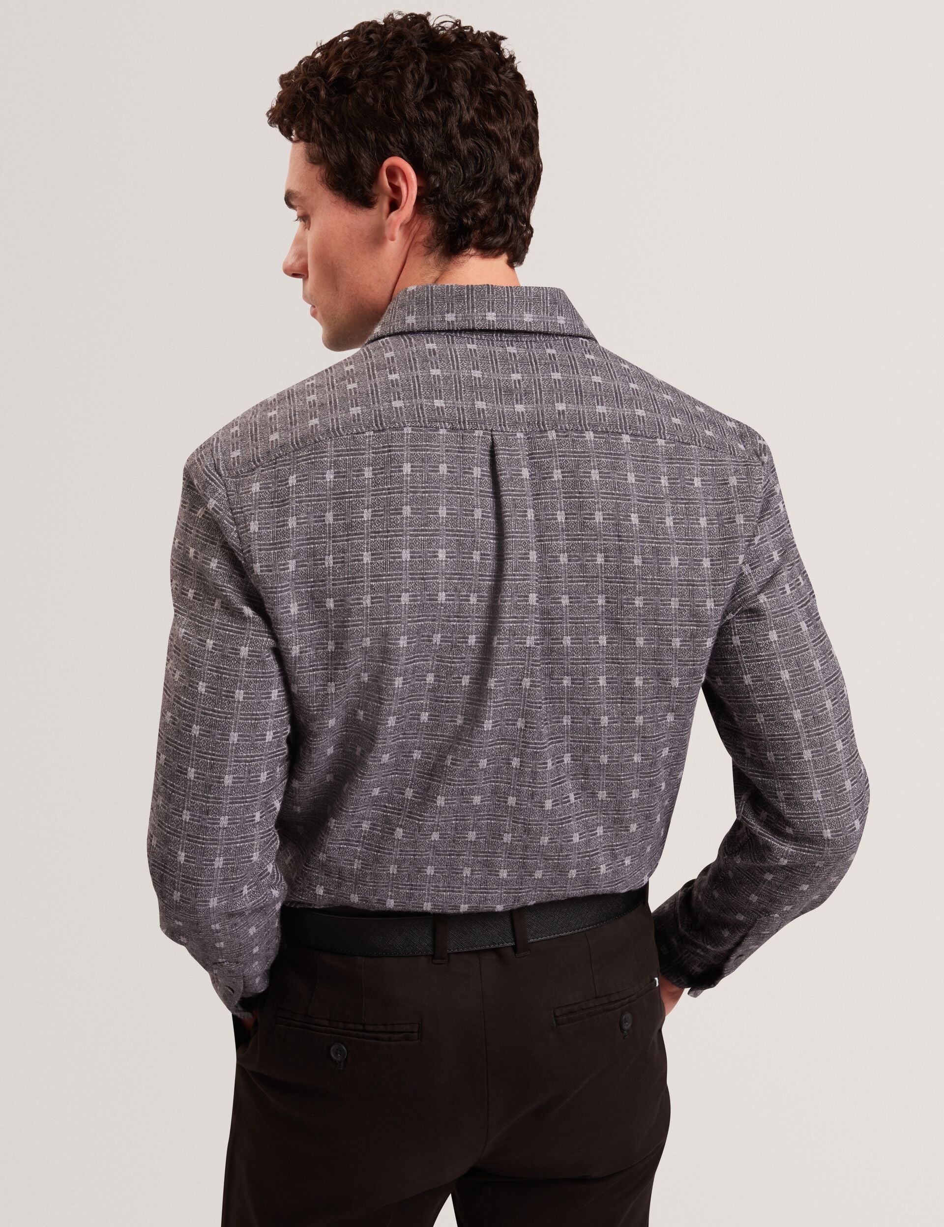 Ted Baker VYSER Jacquard Check Woven Long Sleeve Shirt GREY
