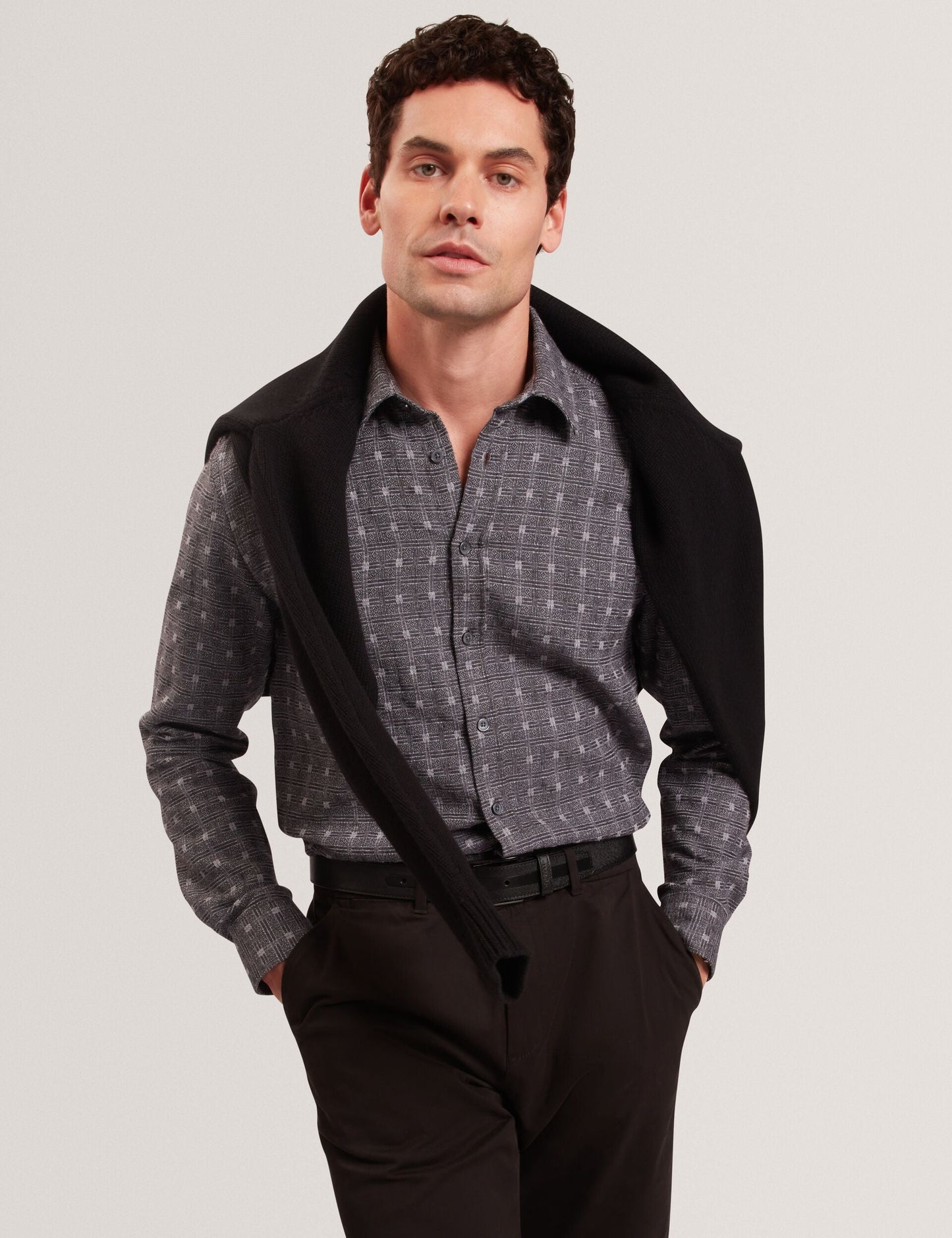 Ted Baker VYSER Jacquard Check Woven Long Sleeve Shirt GREY