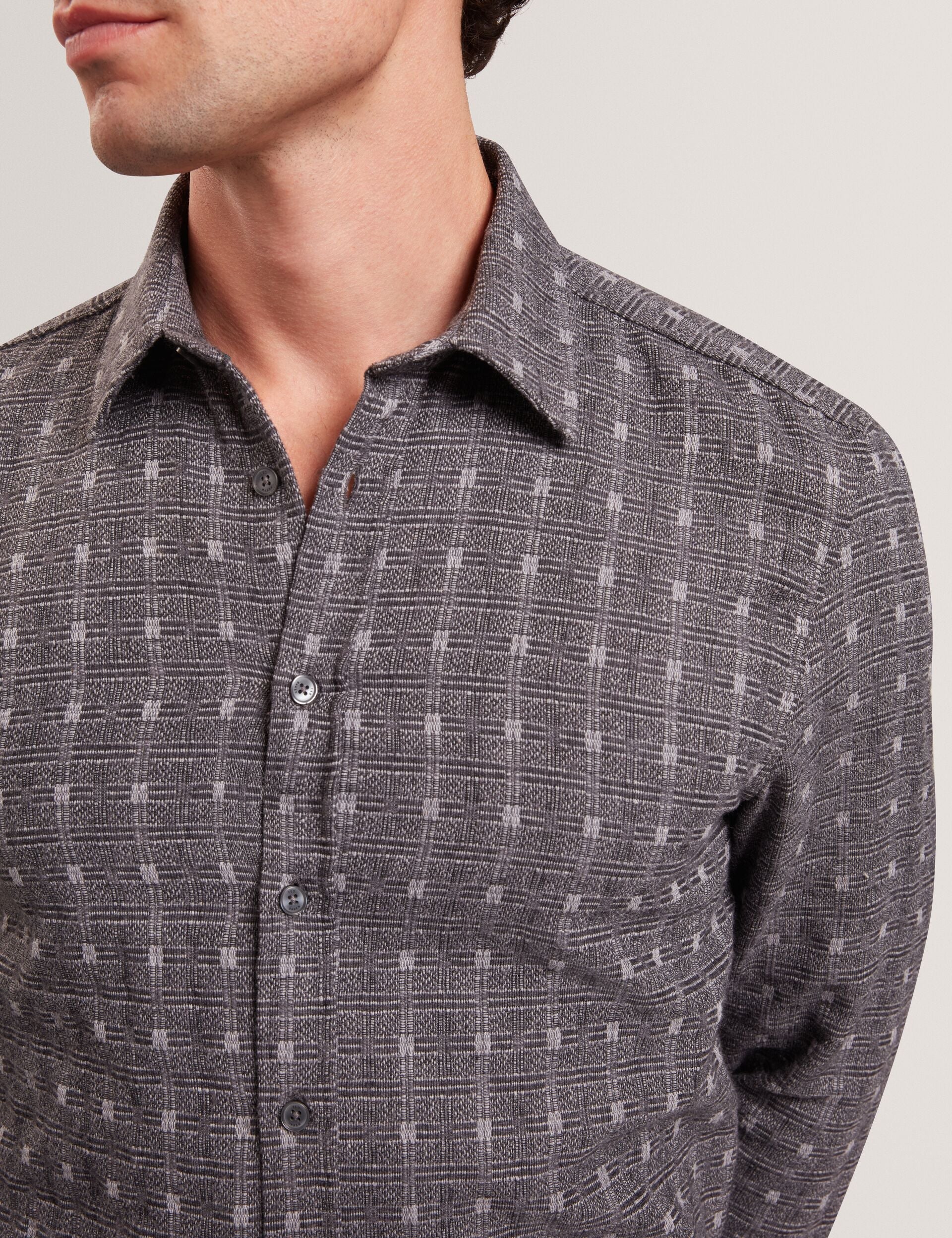 Ted Baker VYSER Jacquard Check Woven Long Sleeve Shirt GREY
