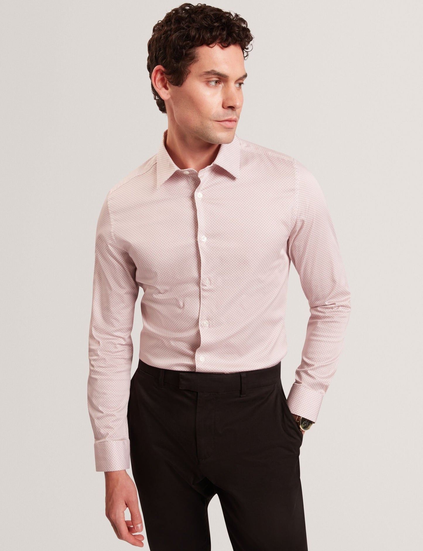 Ted Baker OLWENO Micro Geo Print Long Sleeve Slim Shirt LIGHT PINK