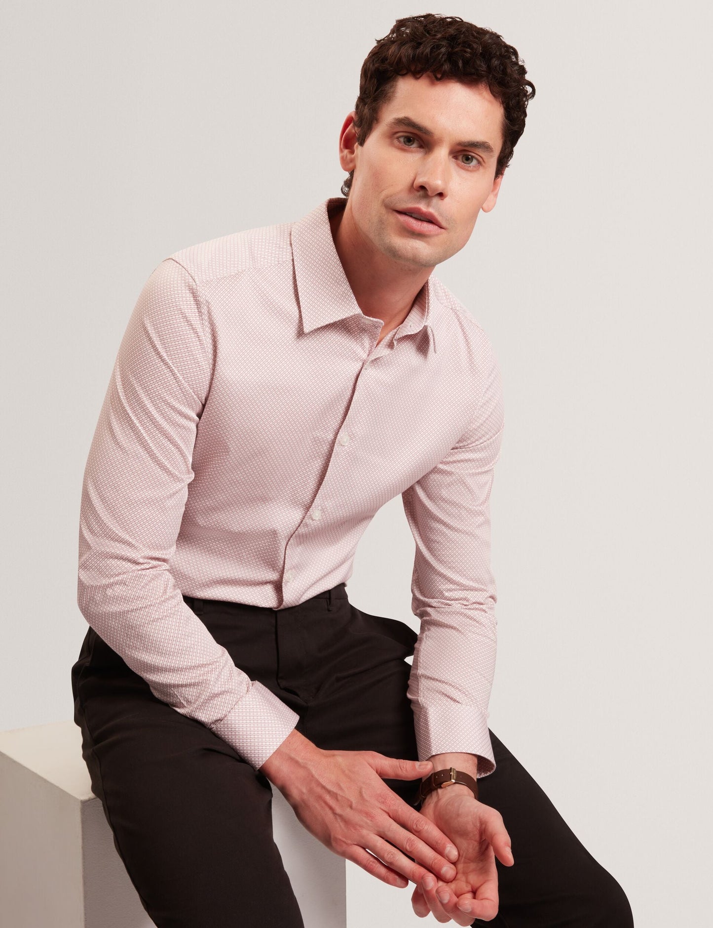Ted Baker OLWENO Micro Geo Print Long Sleeve Slim Shirt LIGHT PINK