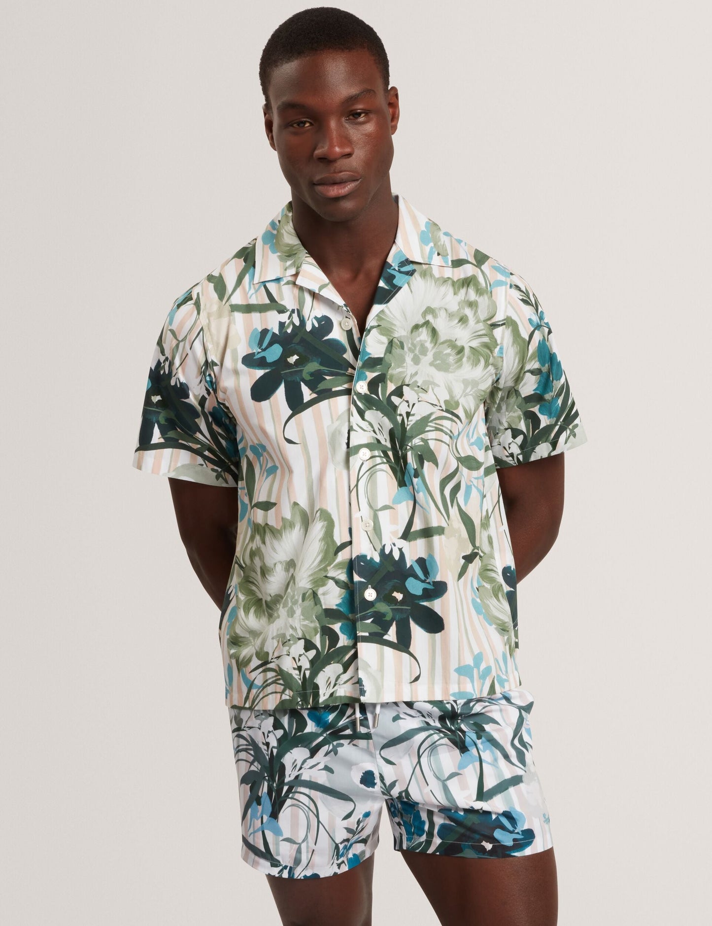 Ted Baker ANUKIS Floral Stripe Print Cotton Short Sleeve Shirt PINK