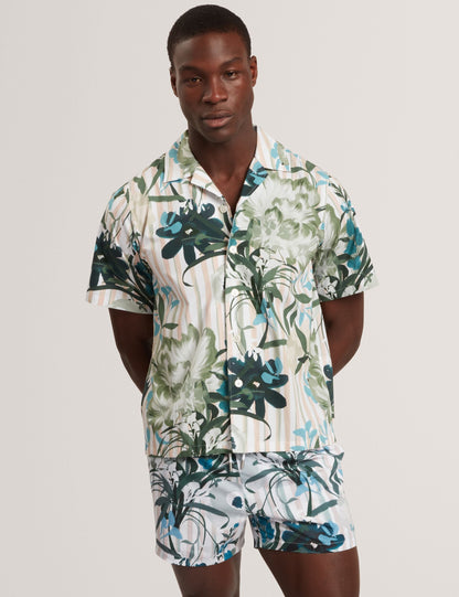 Ted Baker ANUKIS Floral Stripe Print Cotton Short Sleeve Shirt PINK