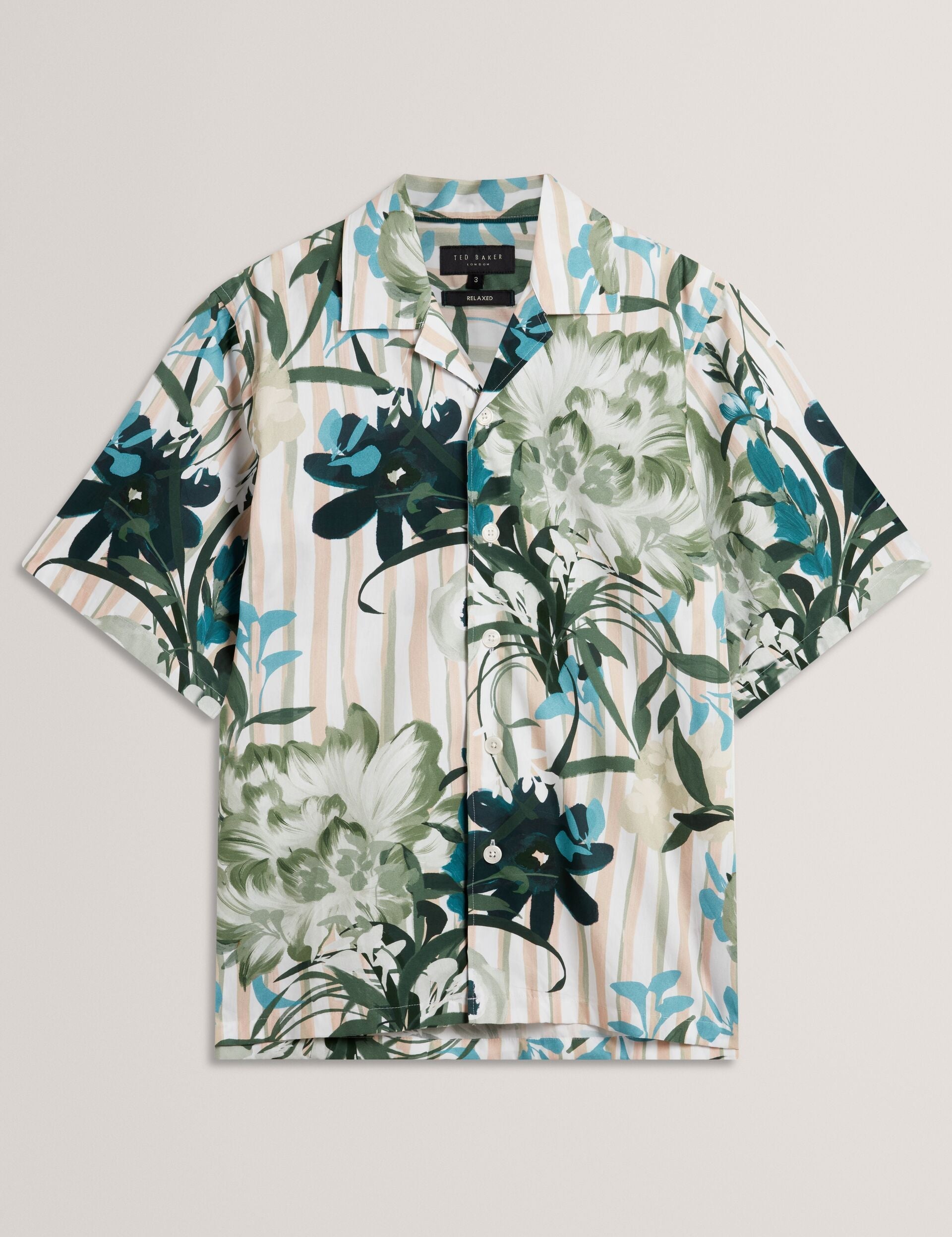 Ted Baker ANUKIS Floral Stripe Print Cotton Short Sleeve Shirt PINK
