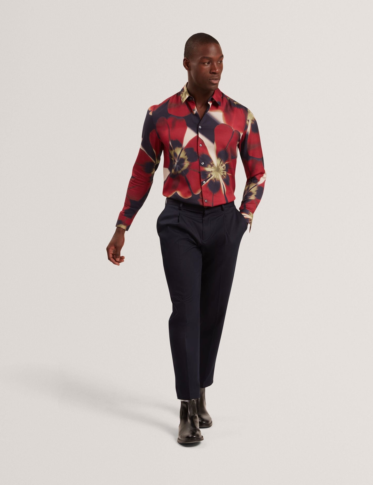 Ted Baker PHELIN Red Blooms Print Cotton Stretch Shirt NAVY