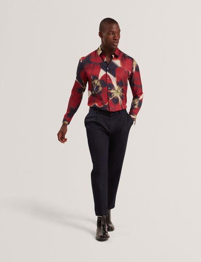 Ted Baker PHELIN Red Blooms Print Cotton Stretch Shirt NAVY