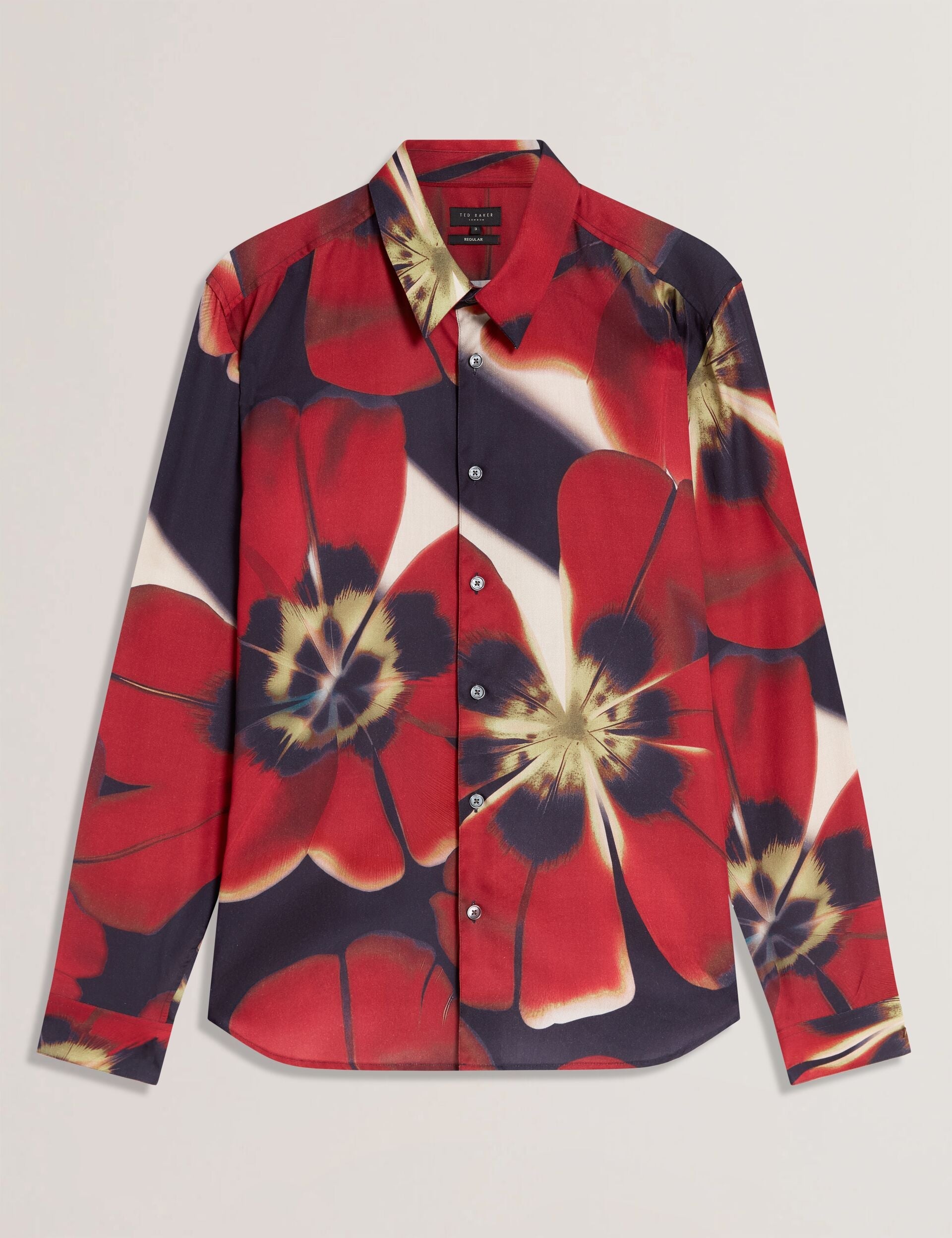 Ted Baker PHELIN Red Blooms Print Cotton Stretch Shirt NAVY