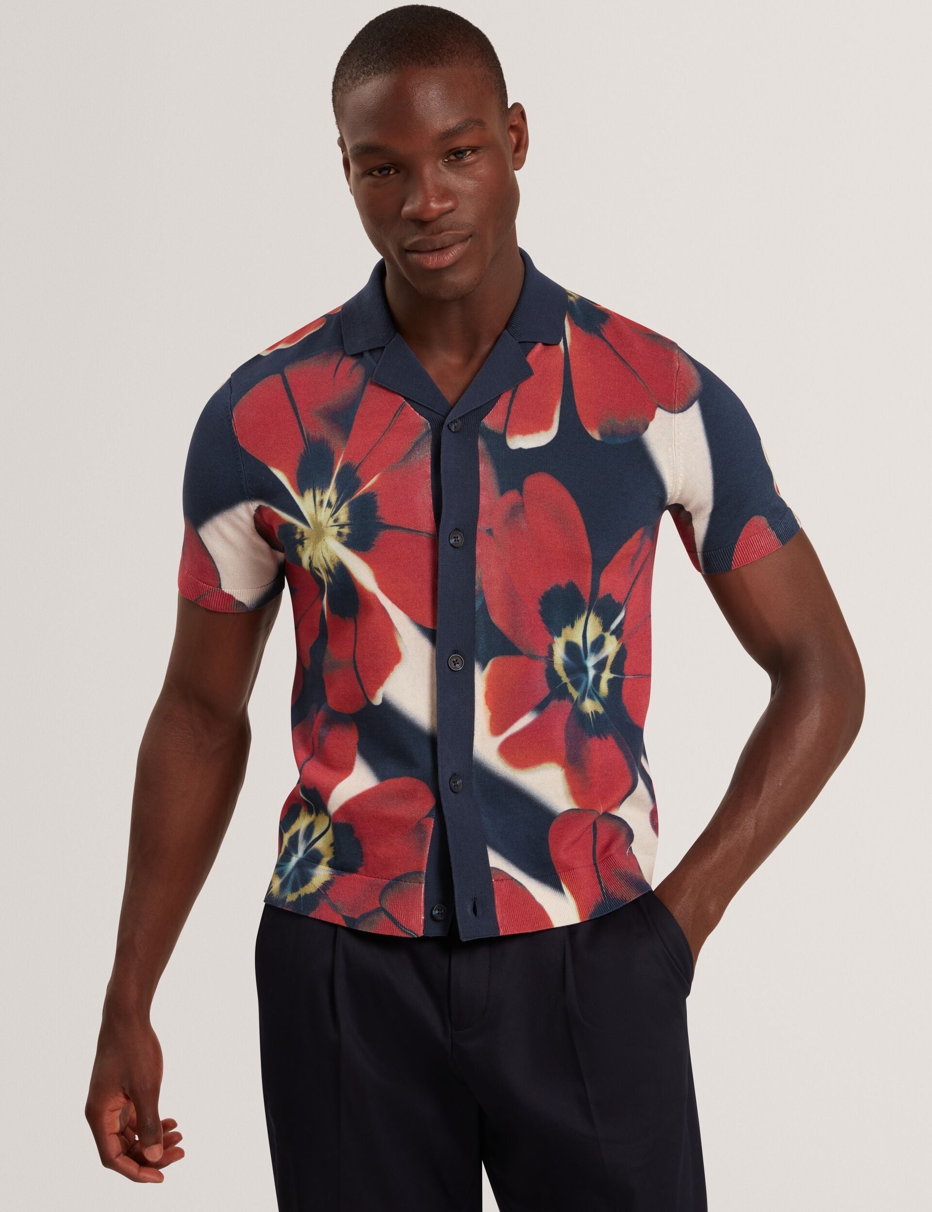 Ted Baker WYRIC Blooms Print Knitted Short Sleeve Shirt MULTICOLOUR