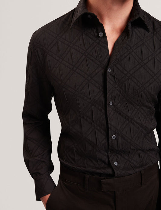 Ted Baker FYNRAN Diamond Check Crinkled Long Sleeve Shirt BLACK