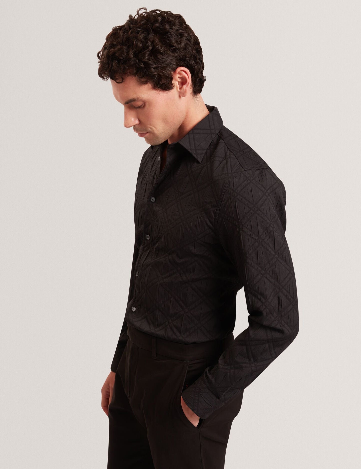 Ted Baker FYNRAN Diamond Check Crinkled Long Sleeve Shirt BLACK
