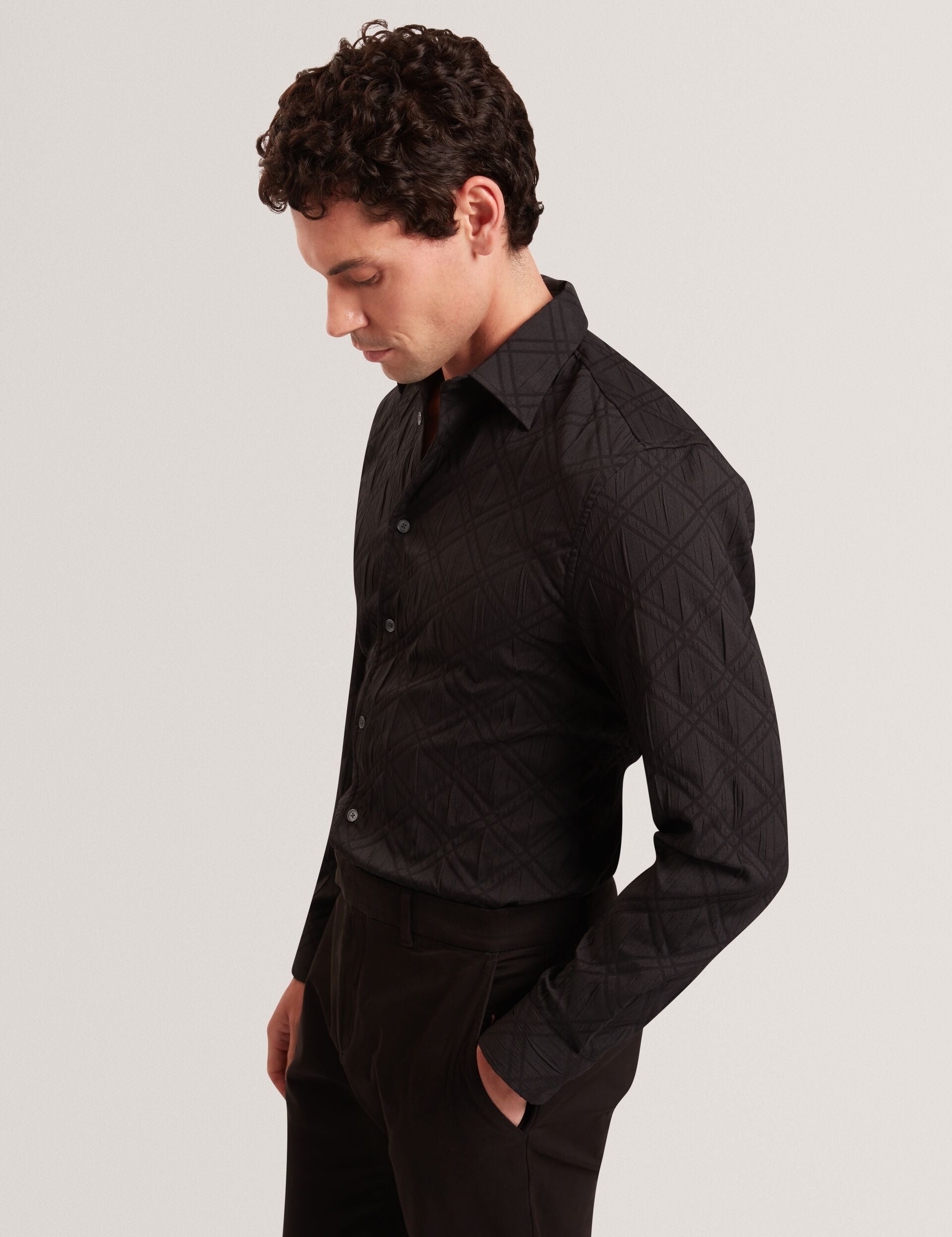 Ted Baker FYNRAN Diamond Check Crinkled Long Sleeve Shirt BLACK